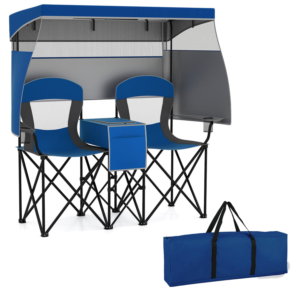 Double Beach Chair with Adjustable Canopy and 3 -Side Shading Curtains