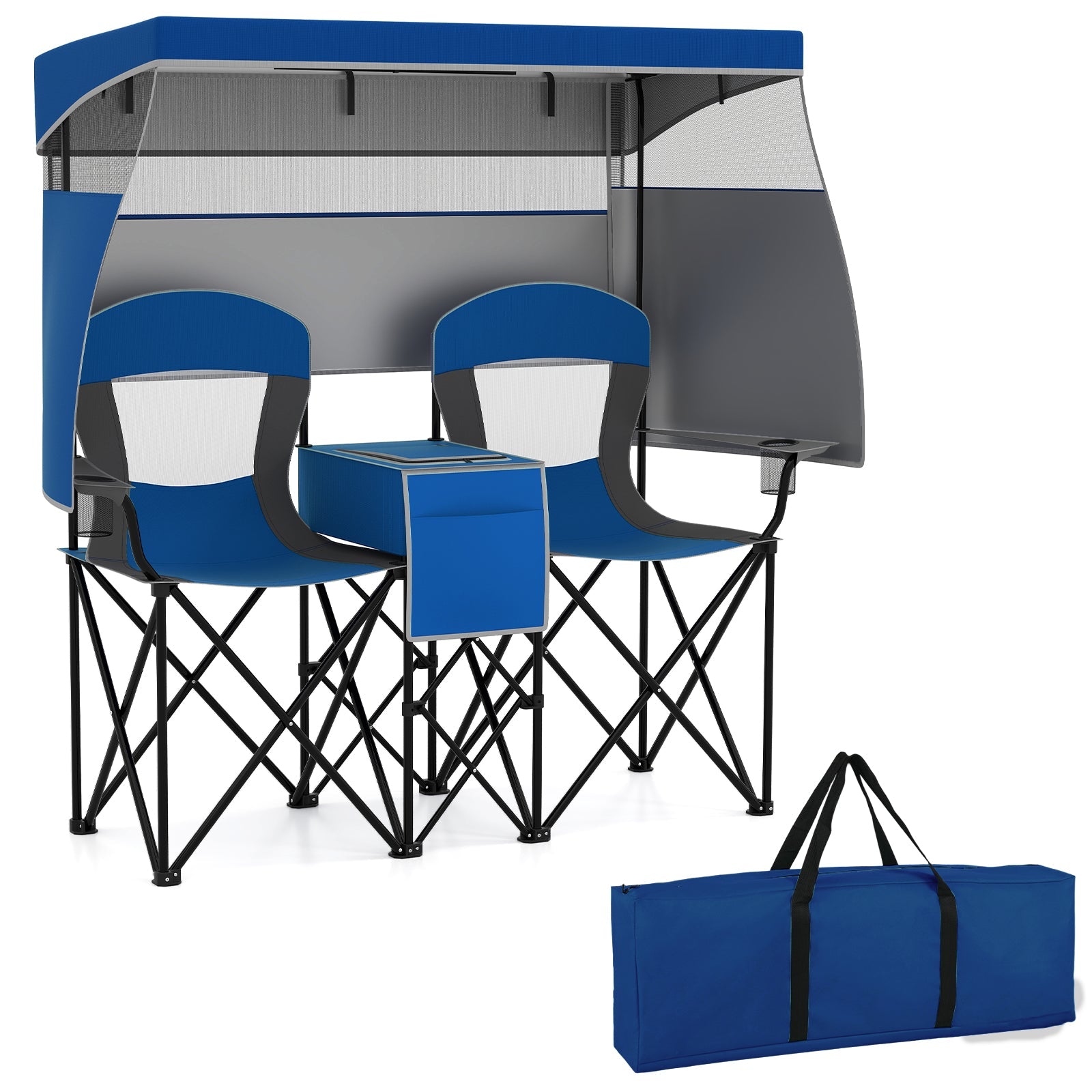 Double Beach Chair with Adjustable Canopy and 3 -Side Shading Curtains