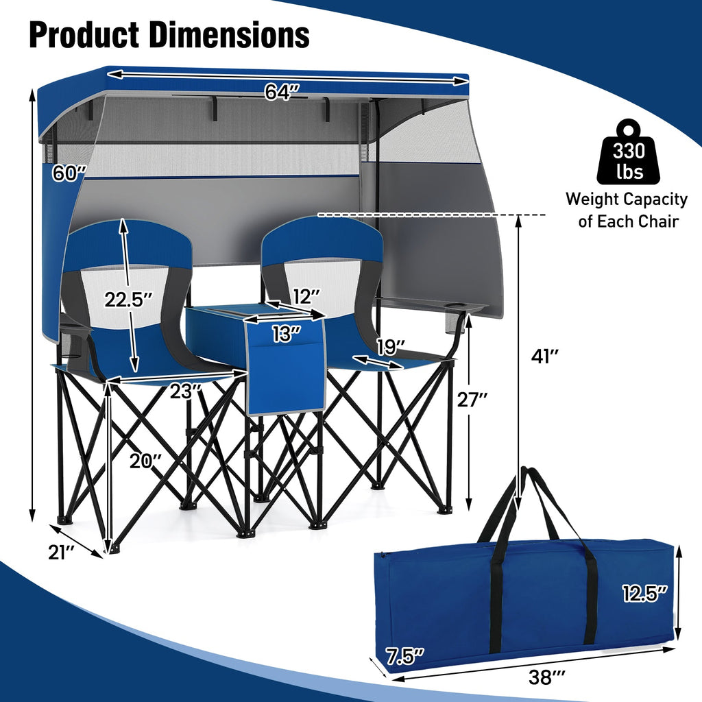 Double Beach Chair with Adjustable Canopy and 3 -Side Shading Curtains