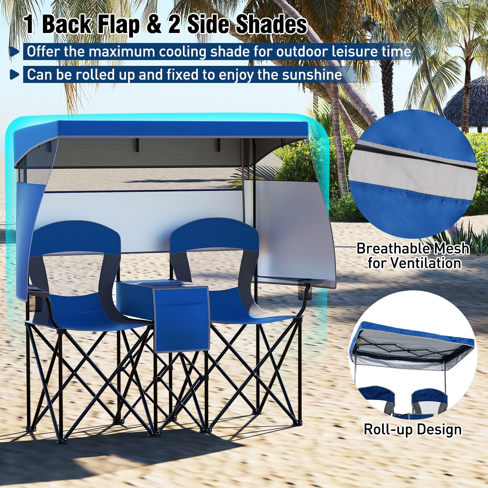 Double Beach Chair with Adjustable Canopy and 3 -Side Shading Curtains