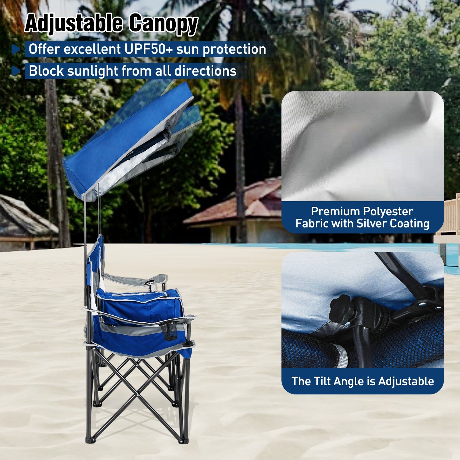 Double Beach Chair with Adjustable Canopy and 3 -Side Shading Curtains