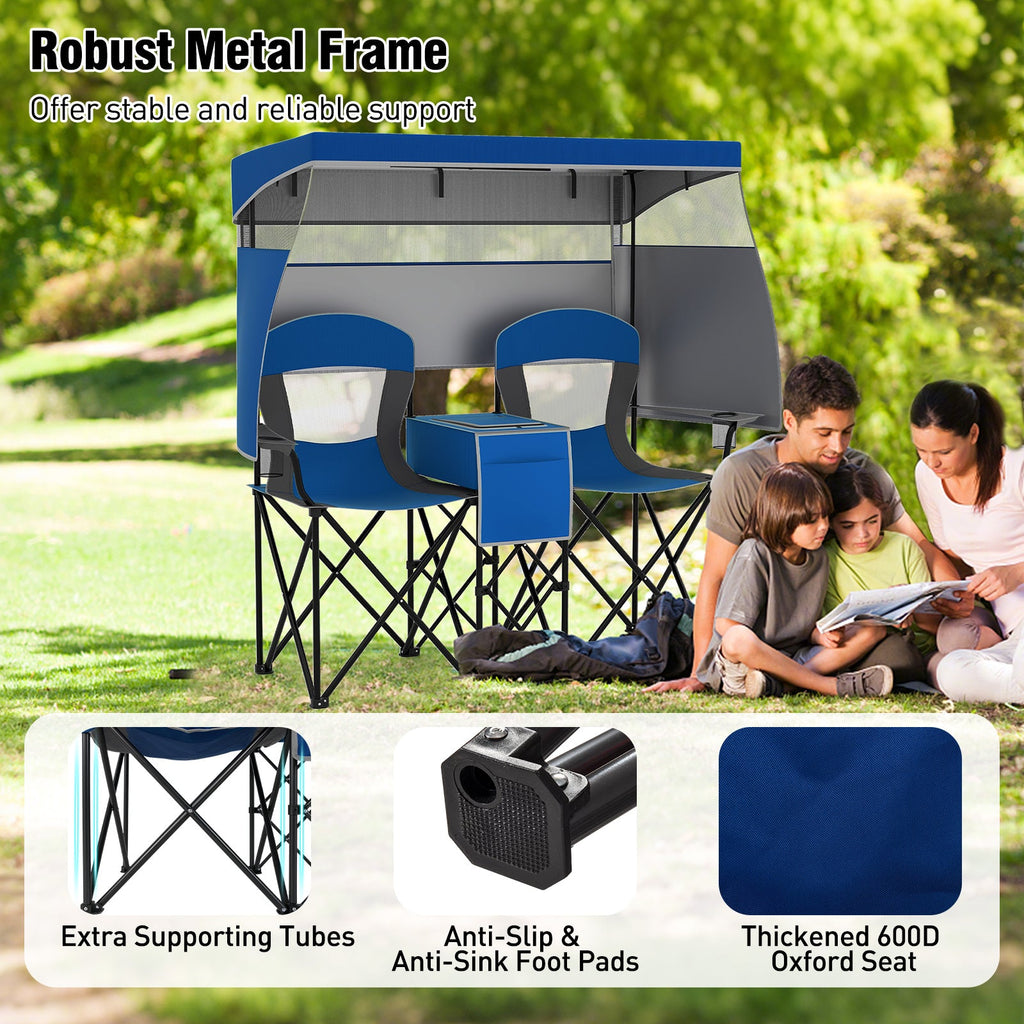 Double Beach Chair with Adjustable Canopy and 3 -Side Shading Curtains