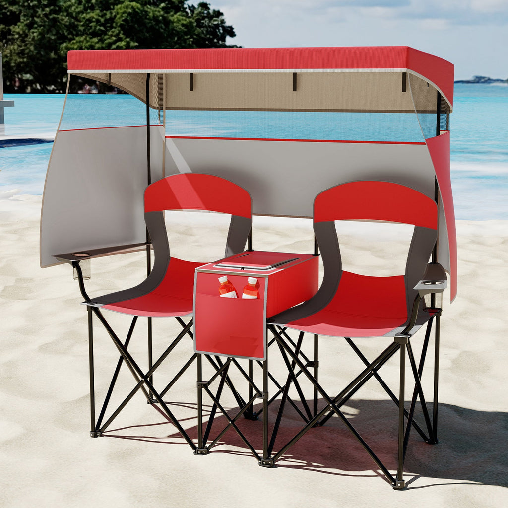 Double Beach Chair with Adjustable Canopy and 3 -Side Shading Curtains