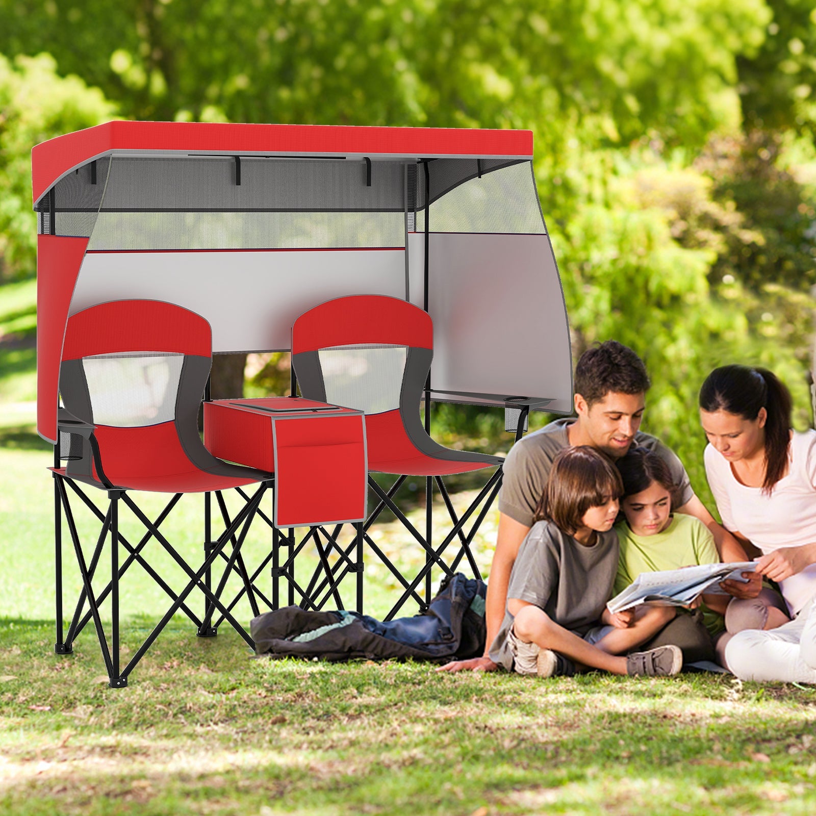 Double Beach Chair with Adjustable Canopy and 3 -Side Shading Curtains