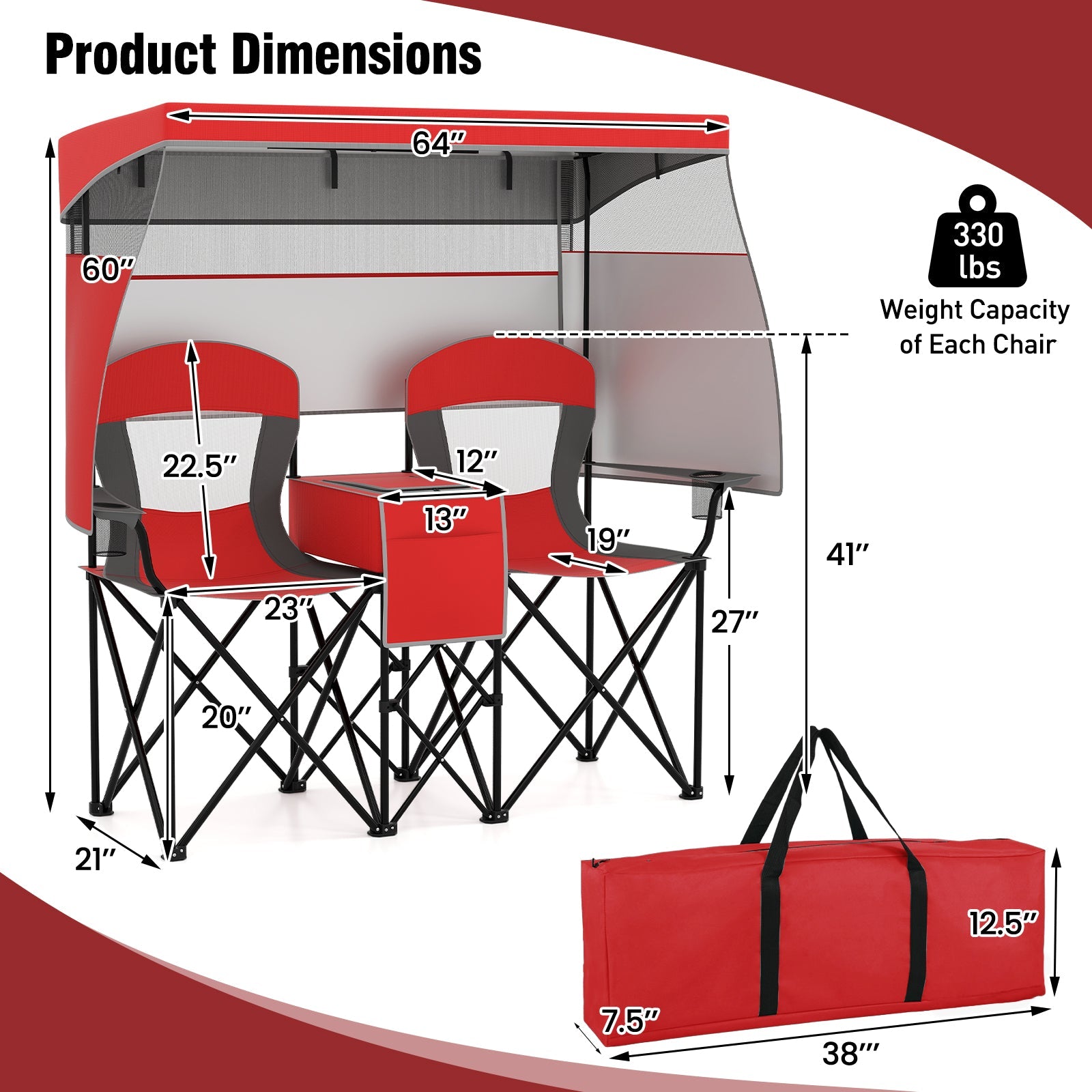 Double Beach Chair with Adjustable Canopy and 3 -Side Shading Curtains