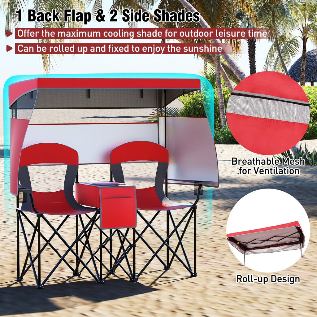 Double Beach Chair with Adjustable Canopy and 3 -Side Shading Curtains