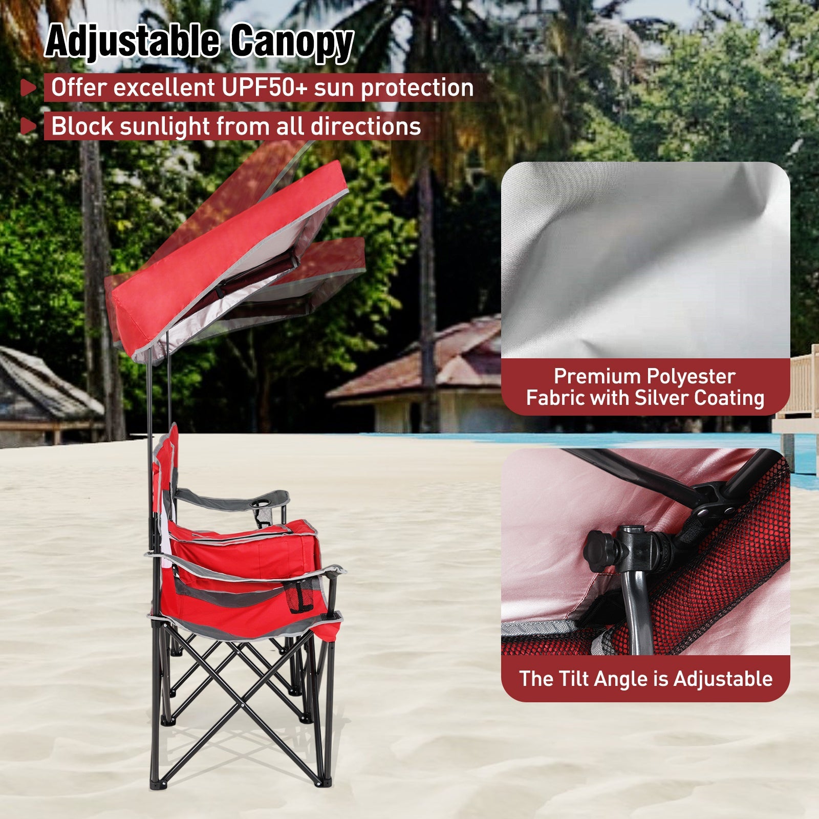 Double Beach Chair with Adjustable Canopy and 3 -Side Shading Curtains