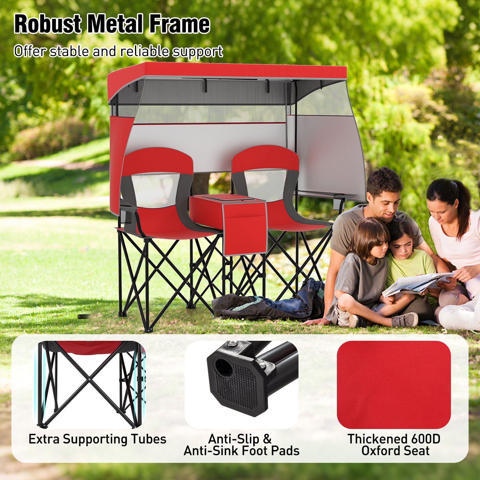 Double Beach Chair with Adjustable Canopy and 3 -Side Shading Curtains