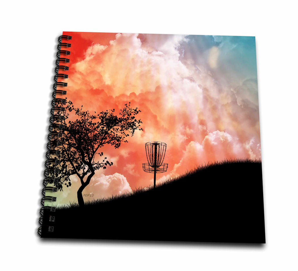 3dRose Phil Perkins - Disc Golf - Basket On A Hill - silhouette of a frisbee disc golf basket with chains - Drawing Books (db_173454)