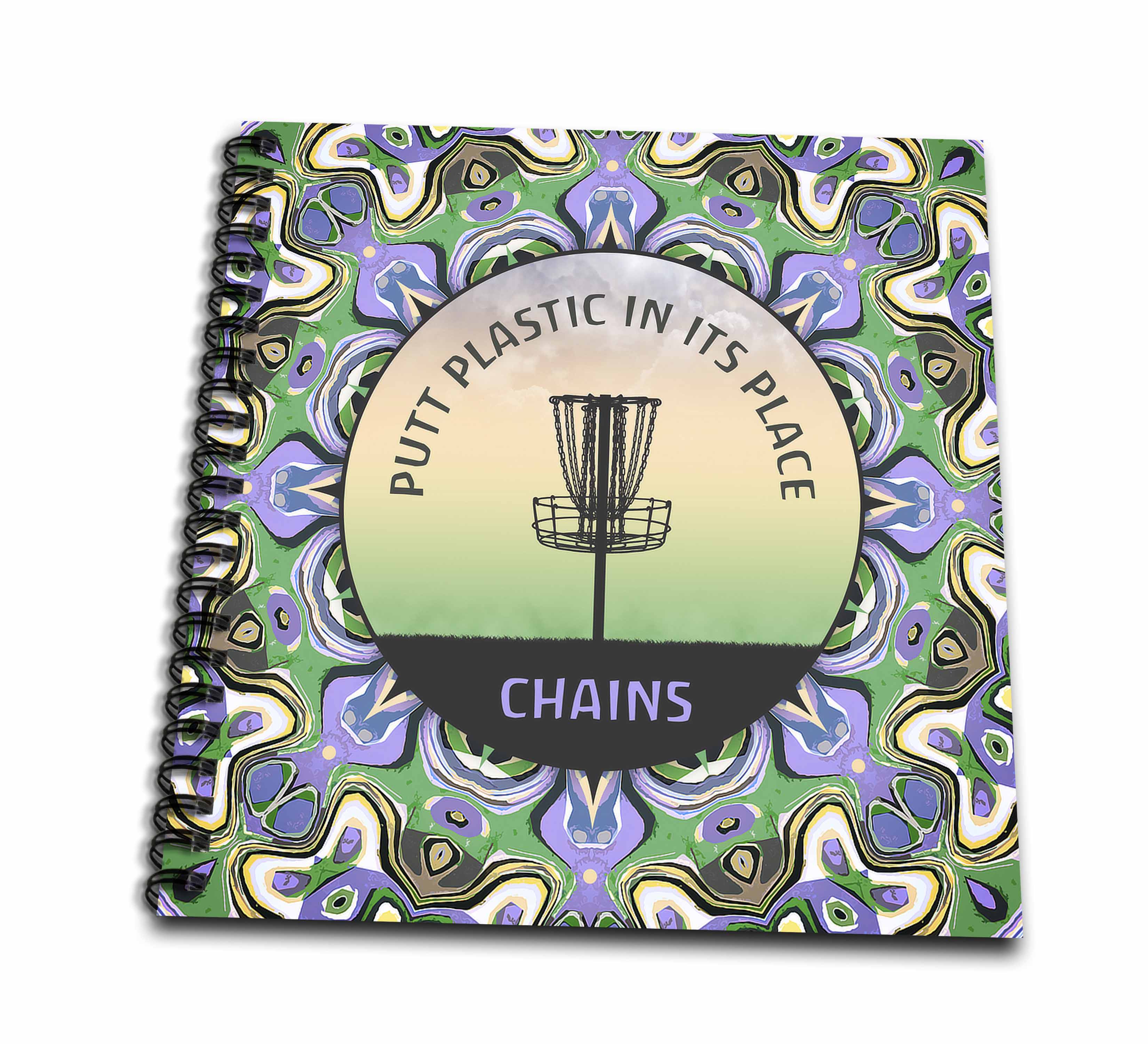 3dRose Color palette of purple and green disc golf basket graphic... - Drawing Books (db_350050)