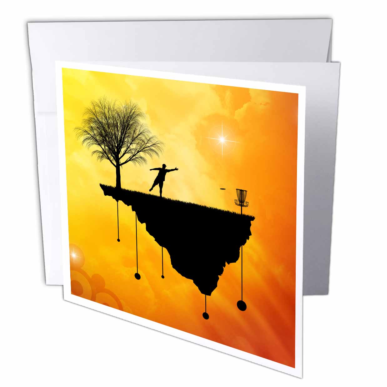 Phil Perkins - Disc Golf - Putt Plastic In Its Place - silhouette of a disc golf basket and putter - Greeting Cards