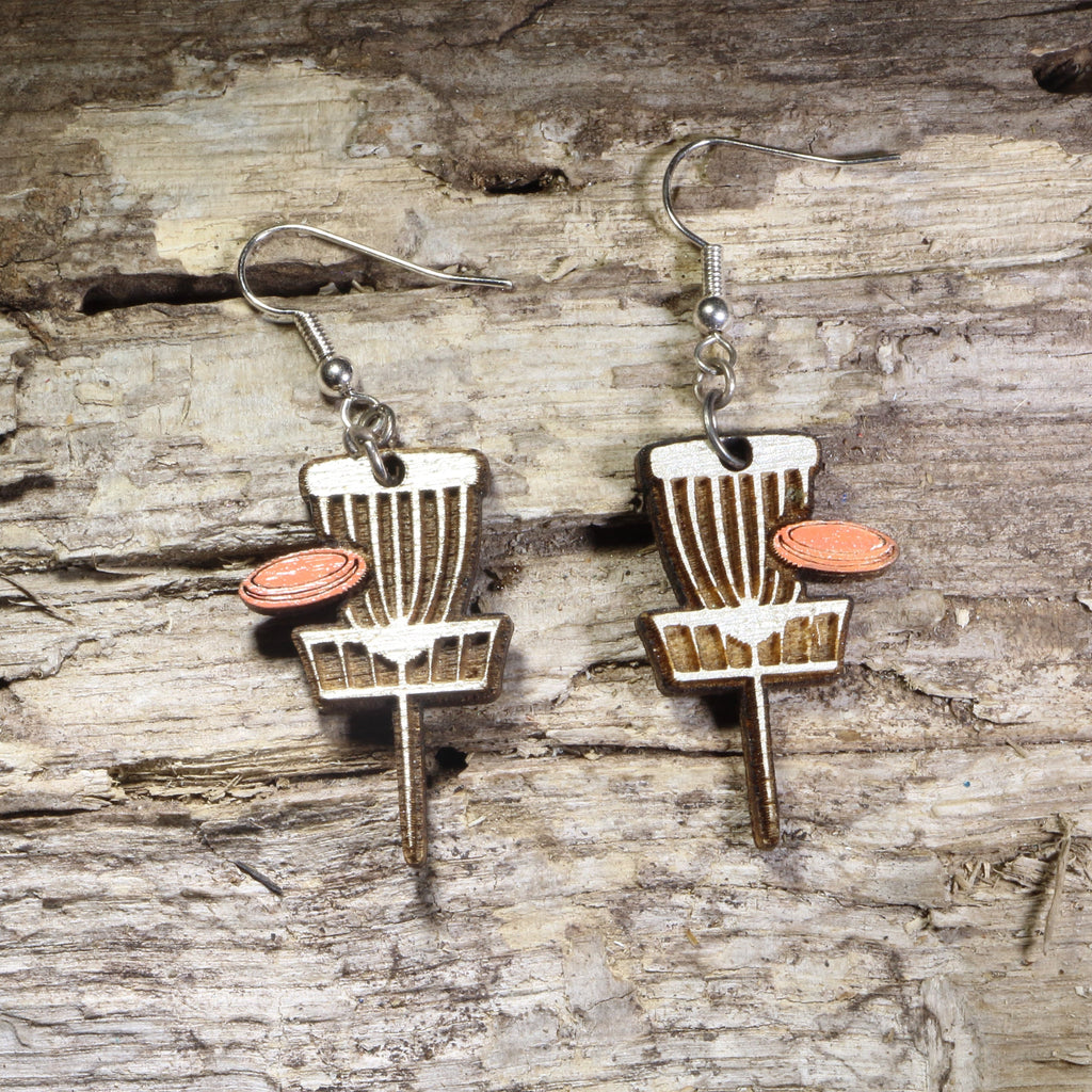 Disc Golf Basket Wooden Dangle Earrings | Disc Golf Jewelry Gift
