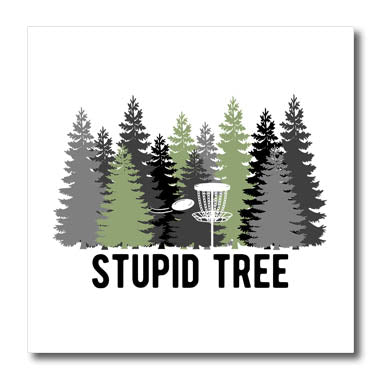 3dRose Stupid Tree with disc and Basket in a Row of Pines on... - Iron on Heat Transfers (ht-382312)