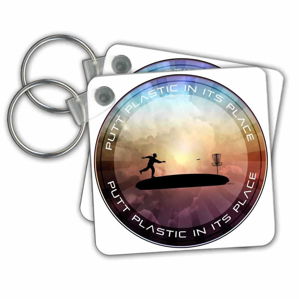 3dRose Key Chains Putt Plastic In Its Place - colorful disc golfing player with basket (kc-173740-1)