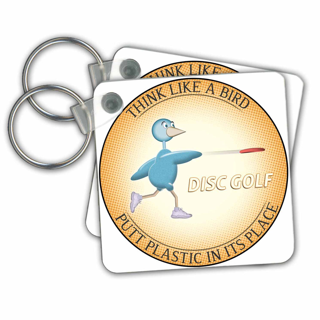 3dRose Key Chains Think Like A Bird 2 shows a blue bird having fun playing frisbee disc golf (kc-19465-1)