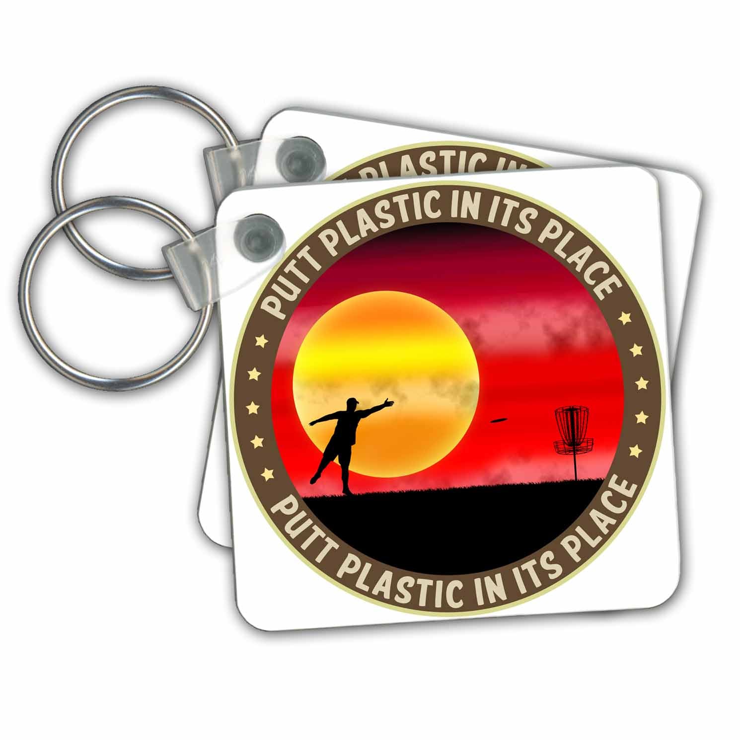 Key Chains Putt Plastic in Its Place 9 Silhouette of Frisbee disc Golfer Putting at Sunset (kc-21105-1)