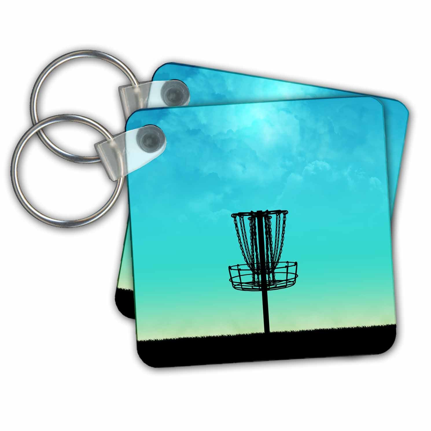 Key Chain - Disc Golf Basket Silhouette - silhouette basket on grass with blue sky Disc Golf