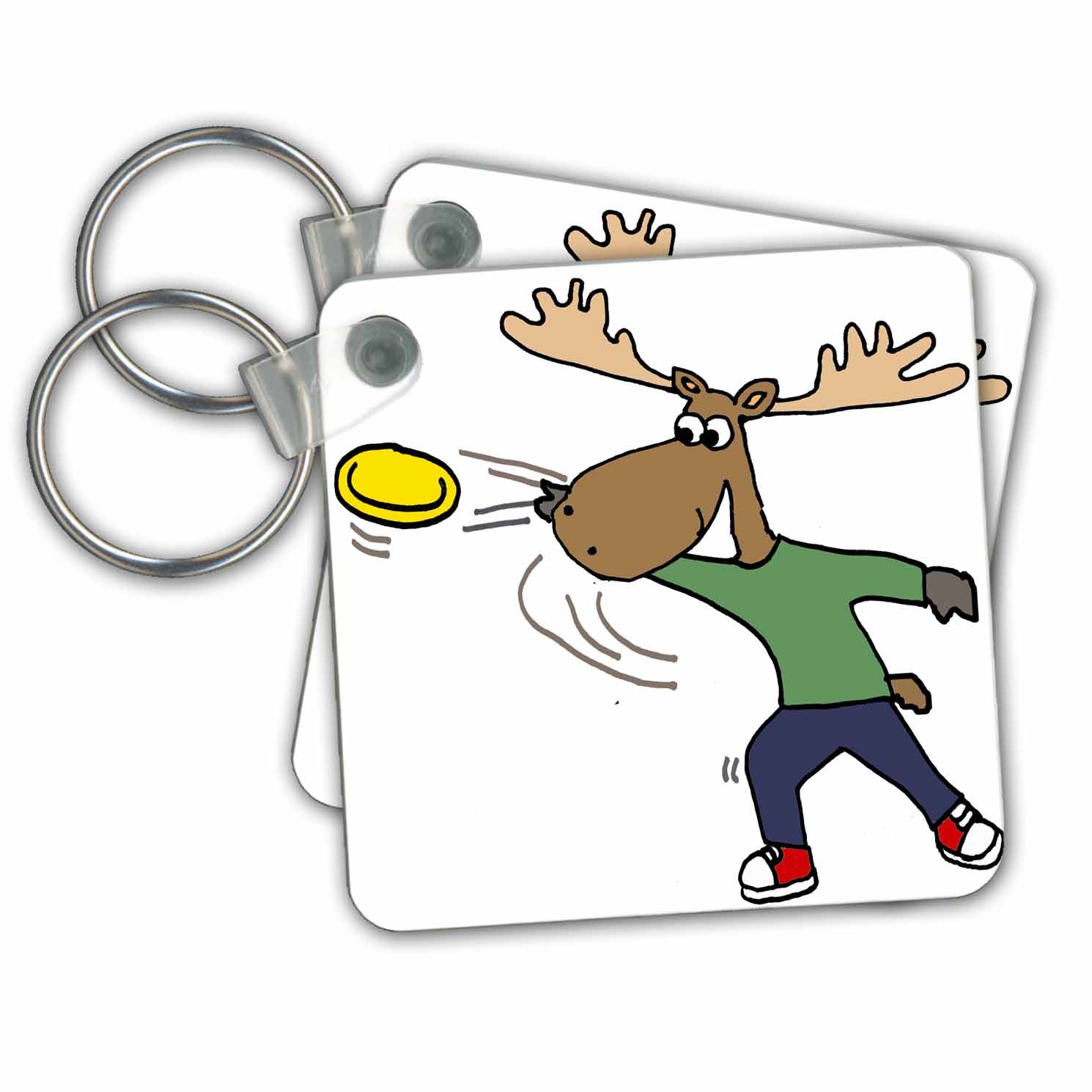 3dRose Key Chains Funny Cool Moose Throwing Frisbee Cartoon (kc-281366-1)