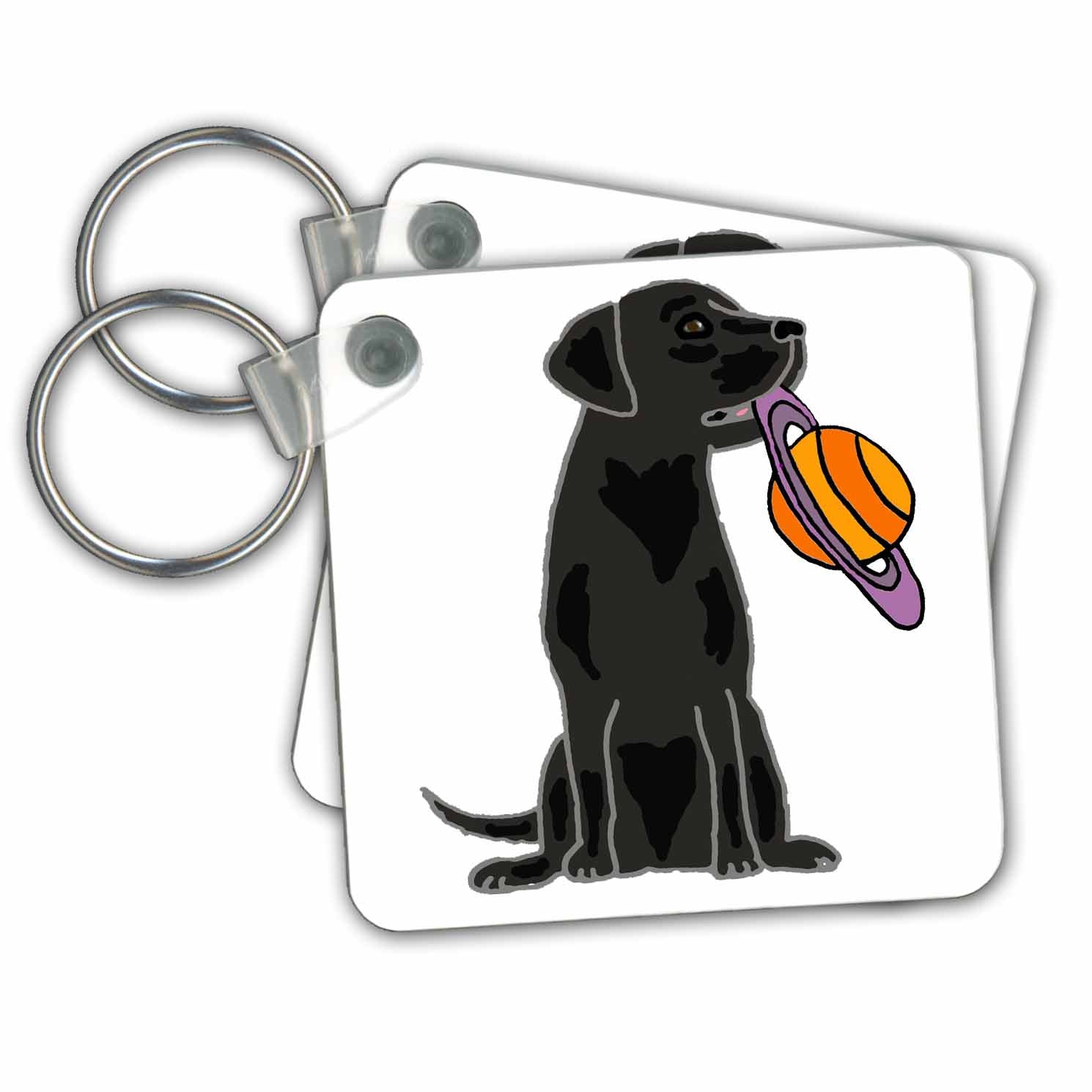 Key Chain - Funny Black Labrador Retriever Dog with Saturn Planet as Flying Disk Pets