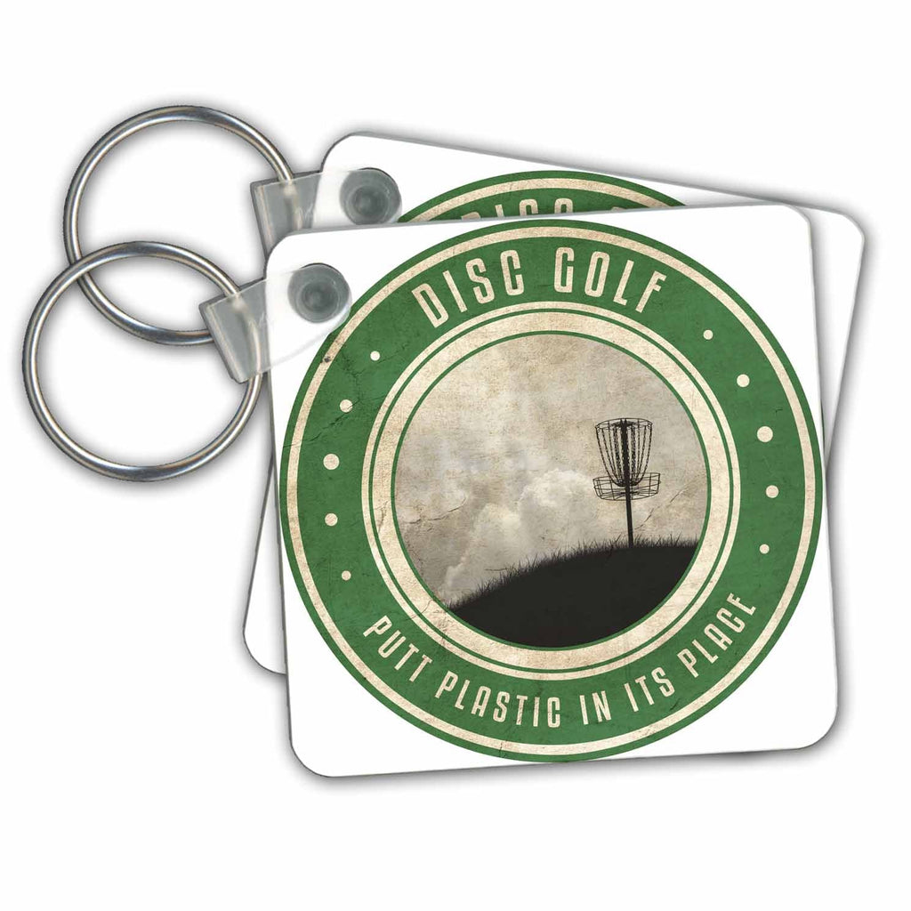 3dRose Key Chains Putt Plastic In Its Place #12 - silhouette of frisbee disc golf basket on a hillside (kc-39409-1)