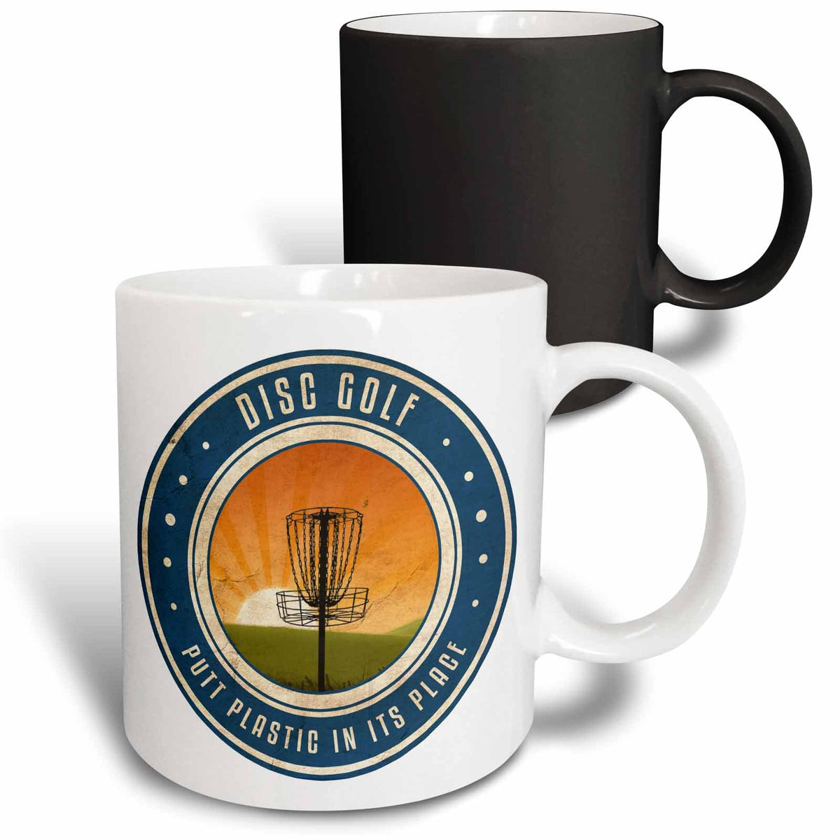 3dRose Putt Plastic In Its Place #11 - silhouette of frisbee disc golf basket as... - Mugs (mug_39411)