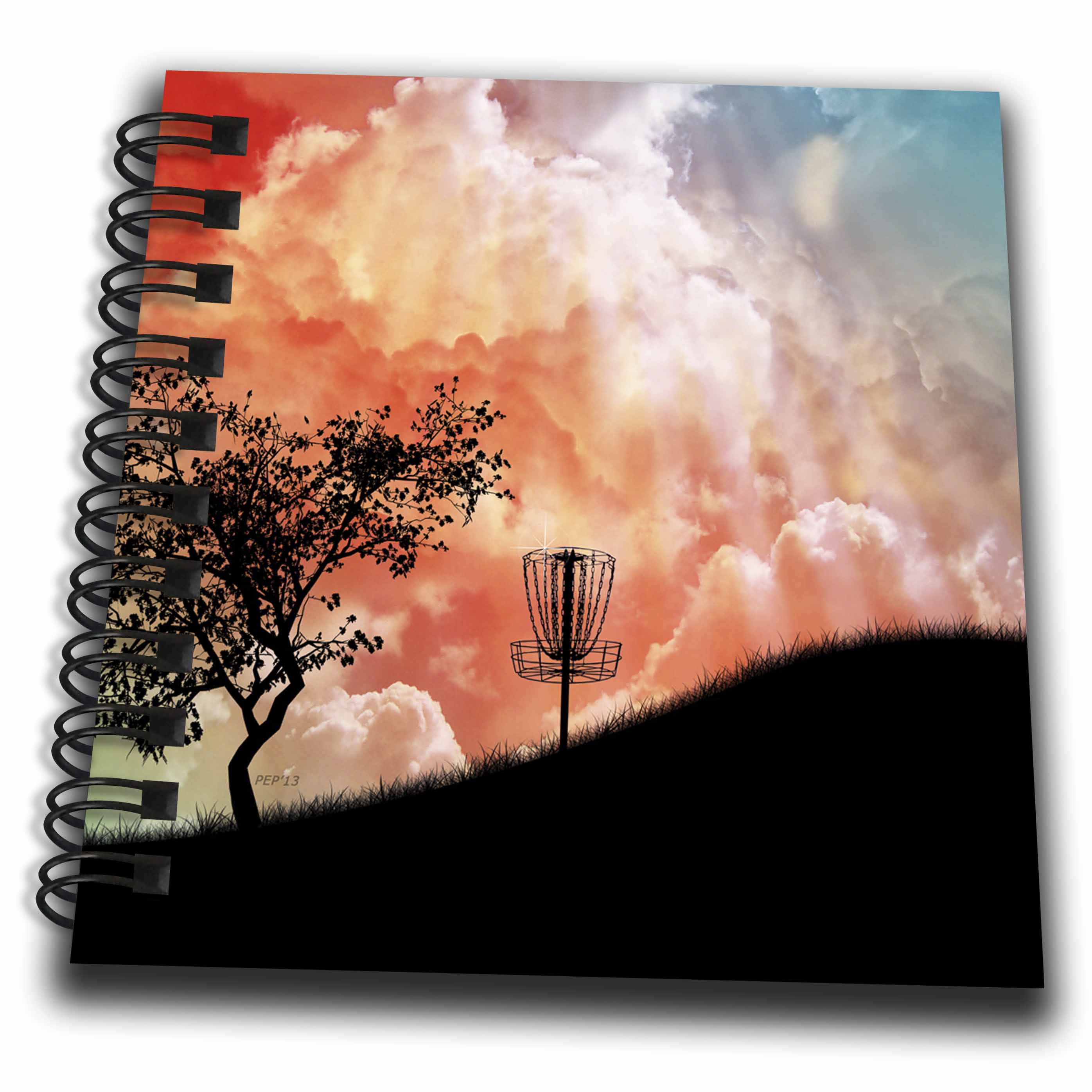 3dRose Phil Perkins - Disc Golf - Basket On A Hill - silhouette of a frisbee disc golf basket with chains - Drawing Books (db_173454)
