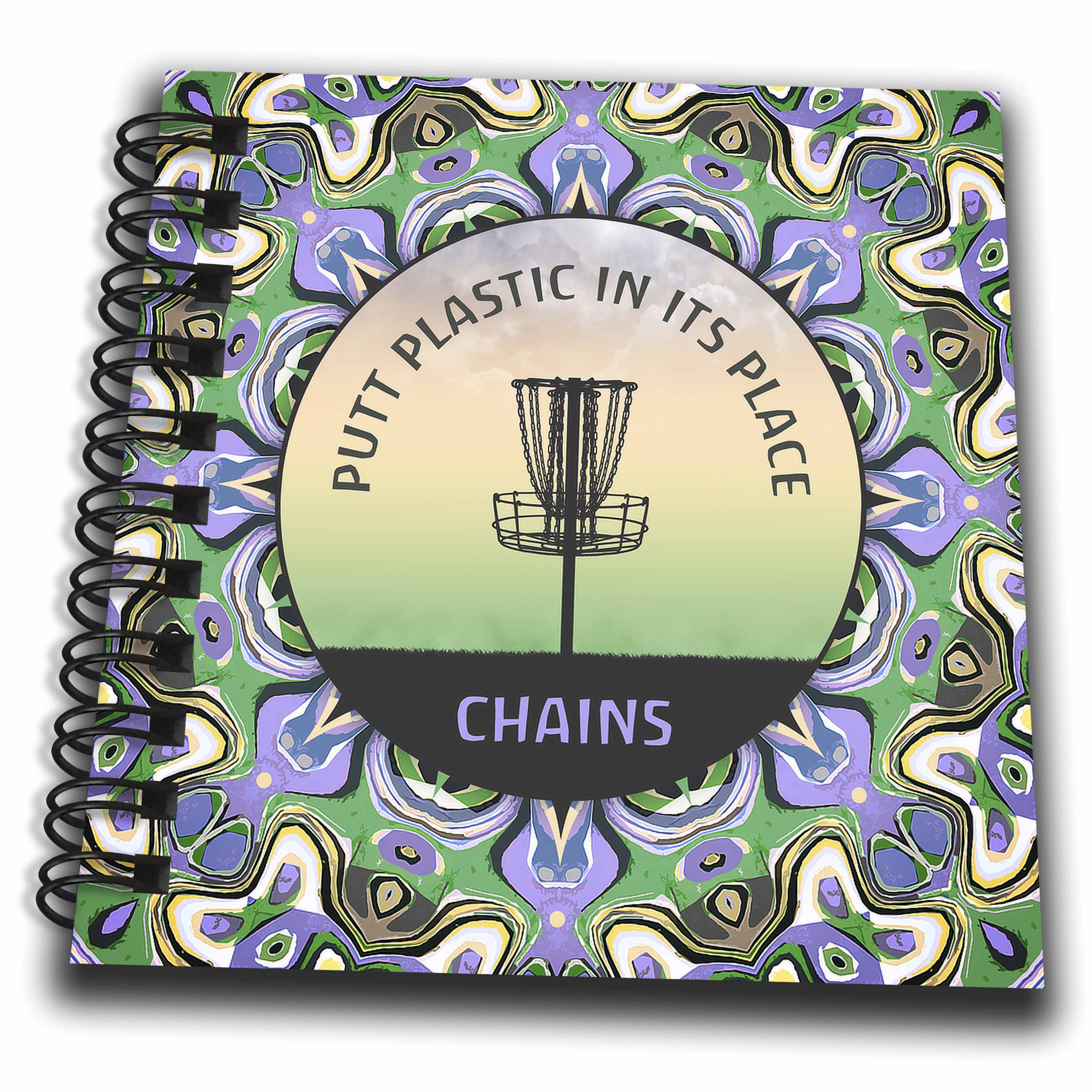 3dRose Color palette of purple and green disc golf basket graphic... - Drawing Books (db_350050)