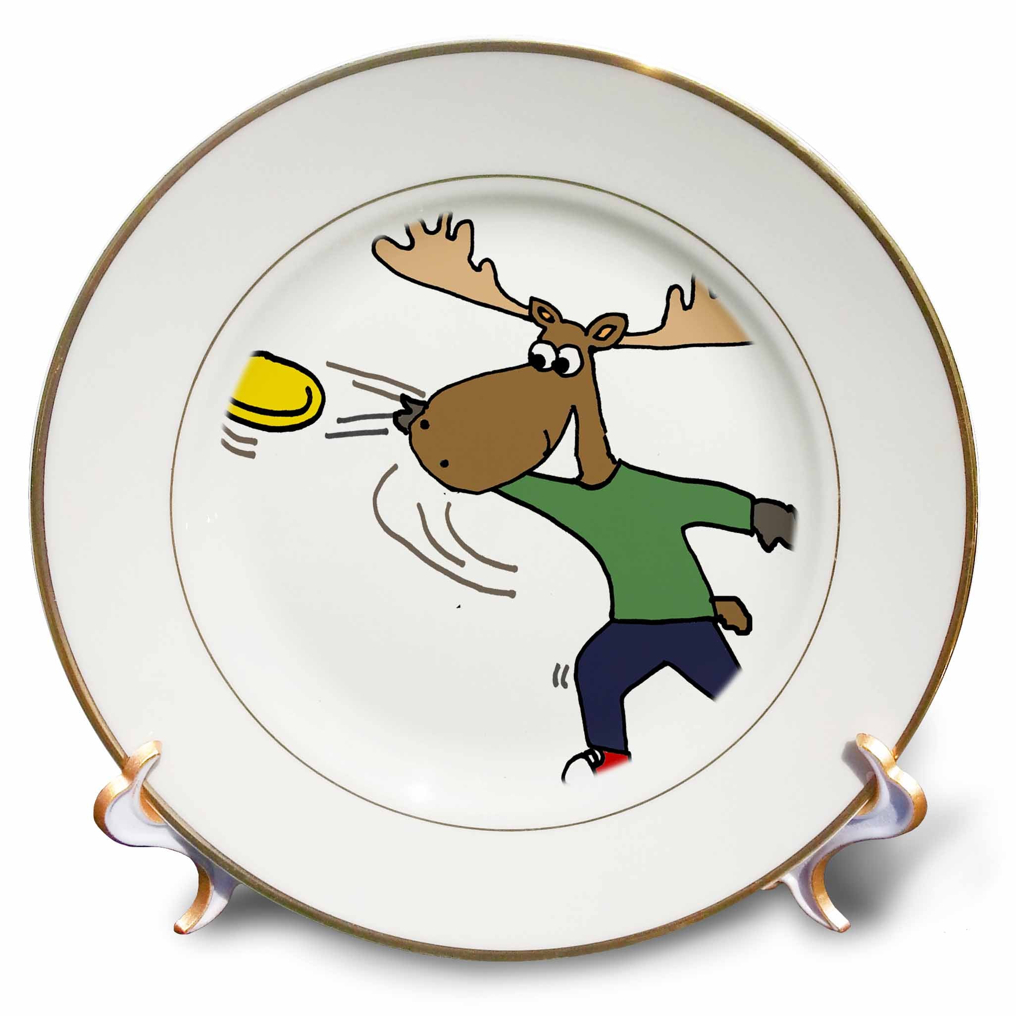 3dRose All Smiles Art Sports and Hobbies - Funny Cool Moose Throwing Frisbee Cartoon - Plates