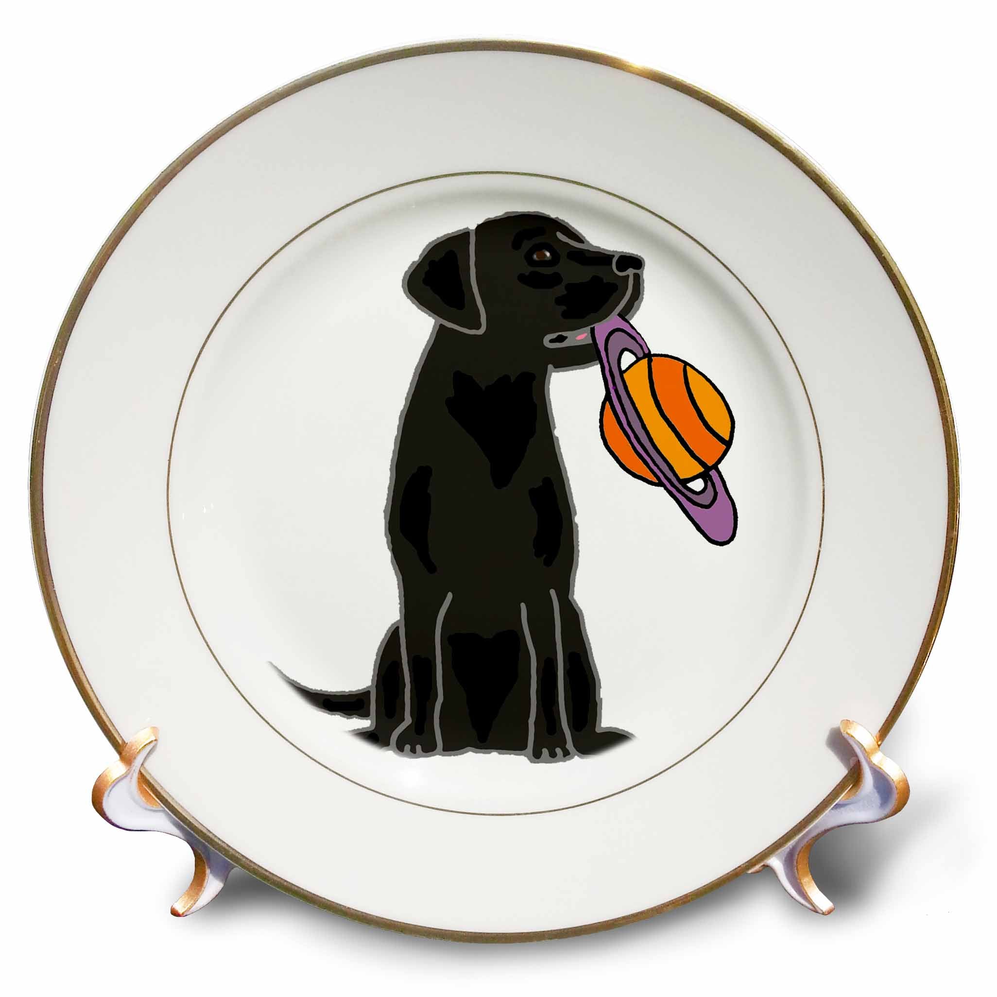 3dRose Funny Black Labrador Retriever Dog with Saturn Planet as Frisbee - Plates (cp_342272)