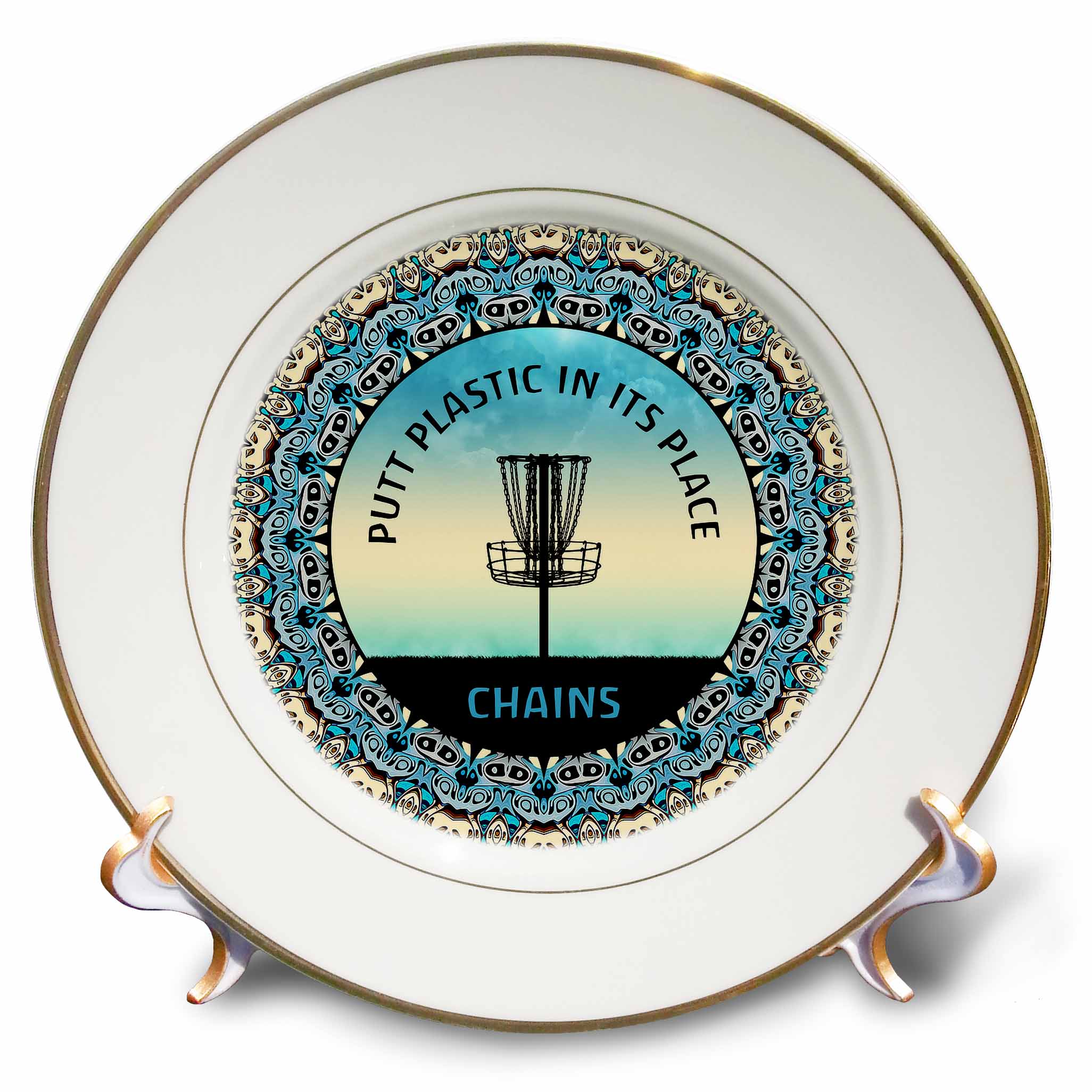 3dRose Blue Skies and Text to putt Plastic in its Place, The disc Golf Basket. - Plates (cp_350049)