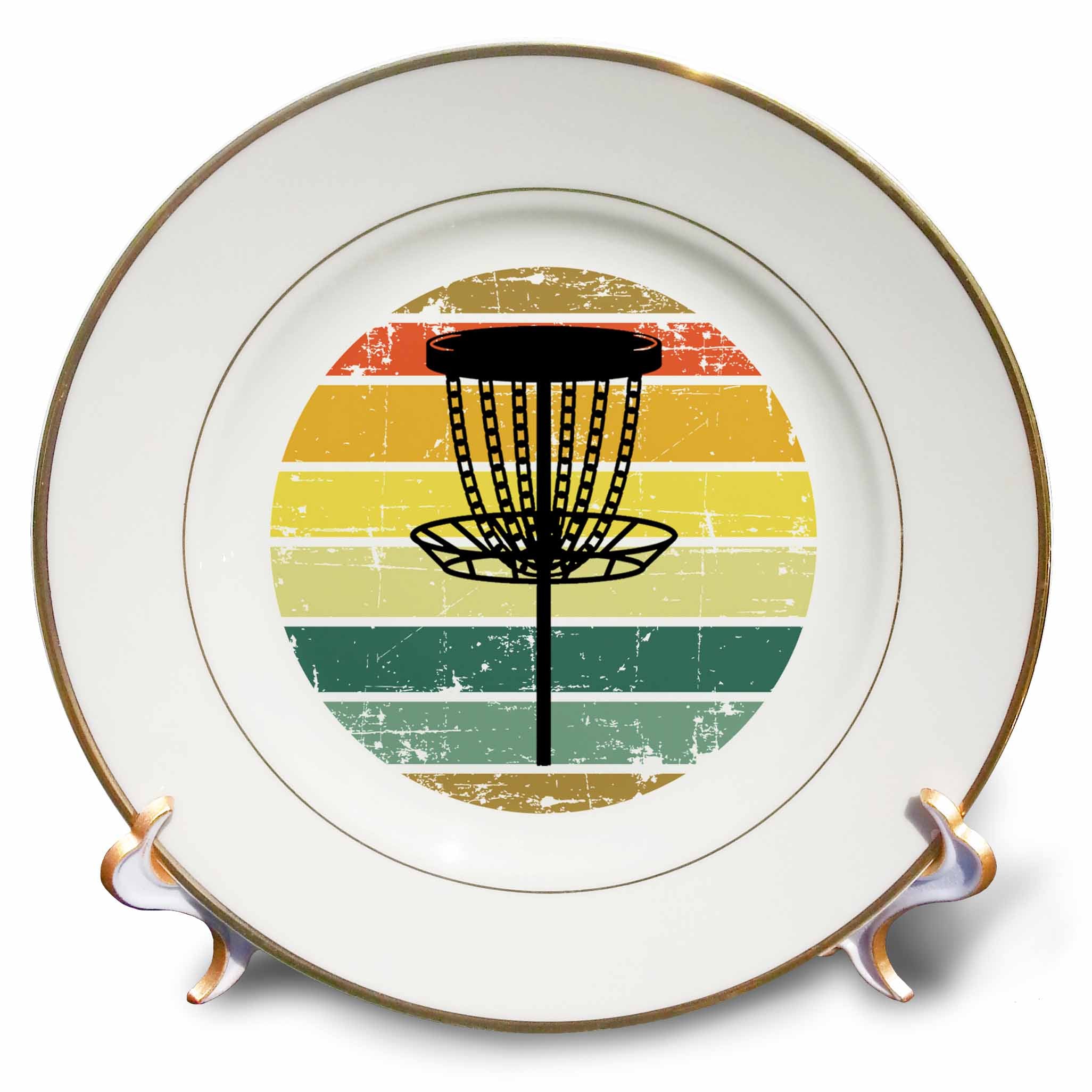 3dRose Black disc Golf Basket Over Retro Striped Circle on White Background. - Plates (cp-382281)