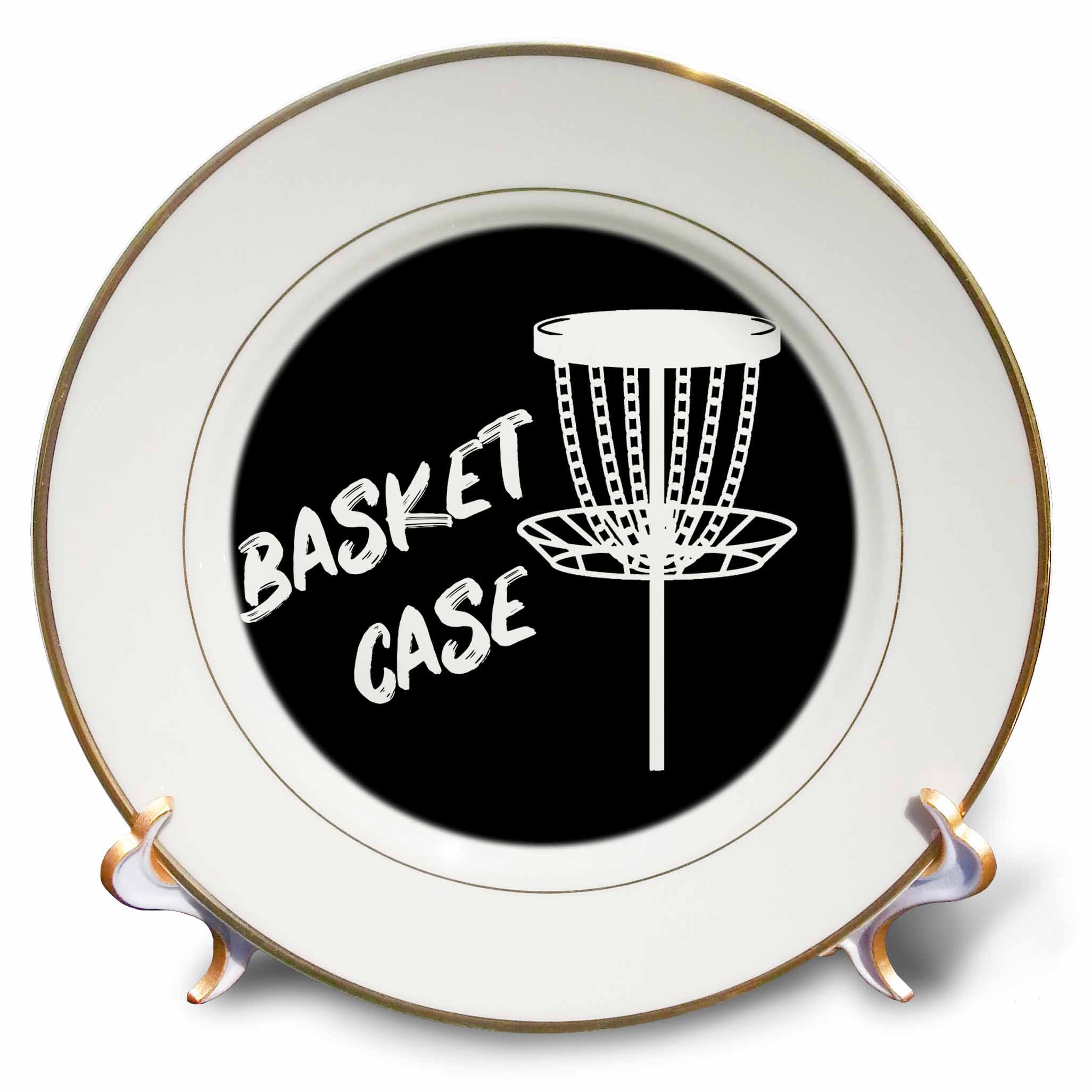 3dRose Basket case Written Near a White disc Golf Basket on Black Background. - Plates (cp-382282)