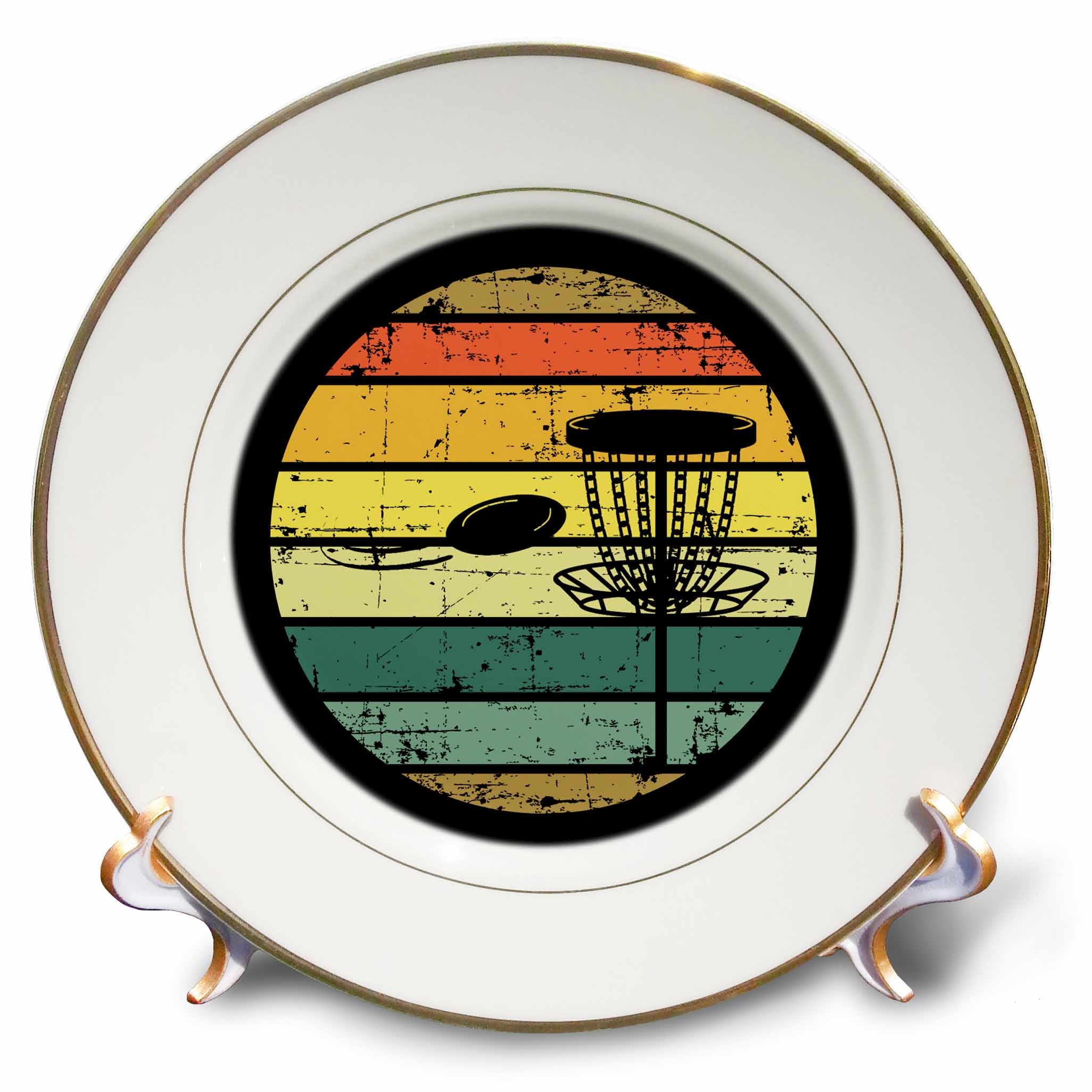 3dRose Black disc Golf Basket with disc Over Retro Striped Circle on Black. - Plates (cp-382285)