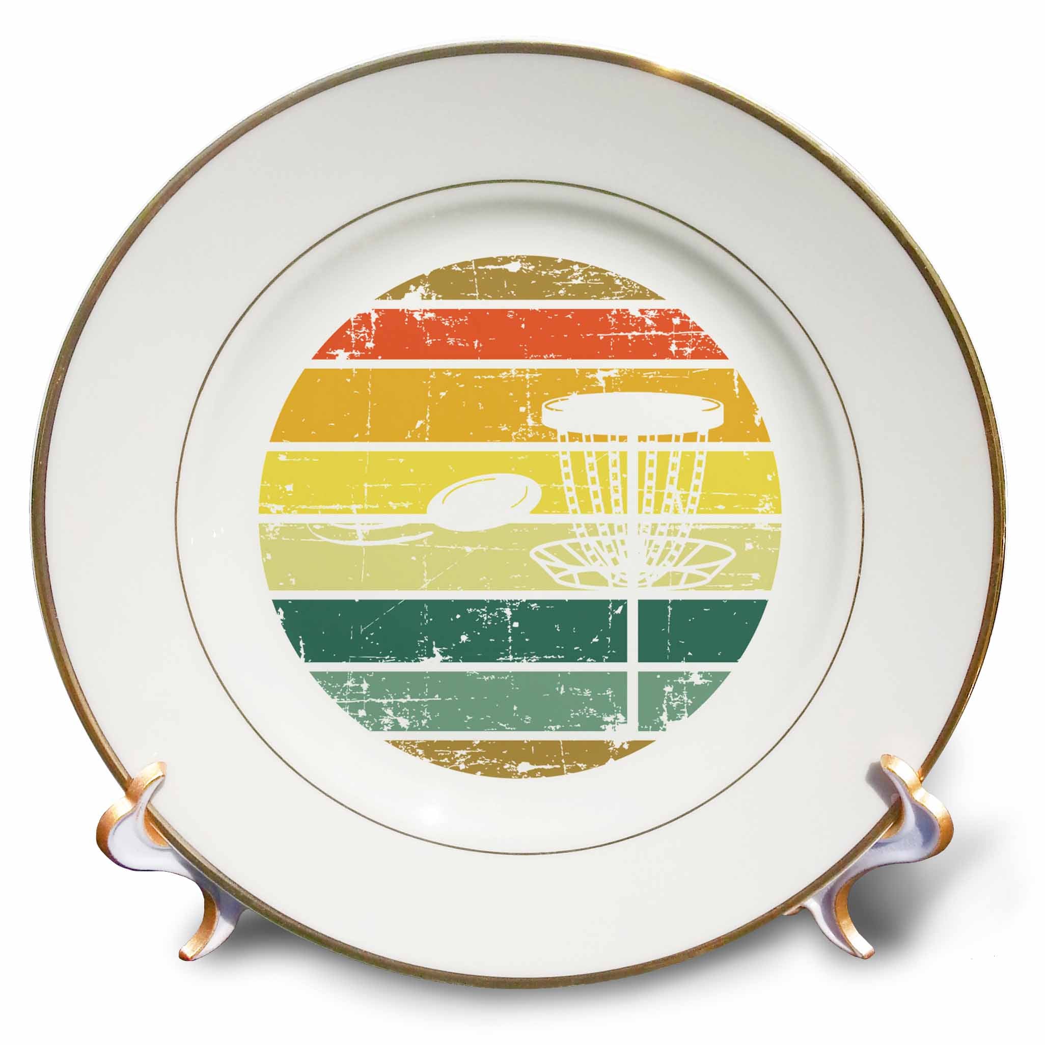 3dRose White disc Golf Basket with disc Over Striped Circle on White. - Plates (cp-382288)