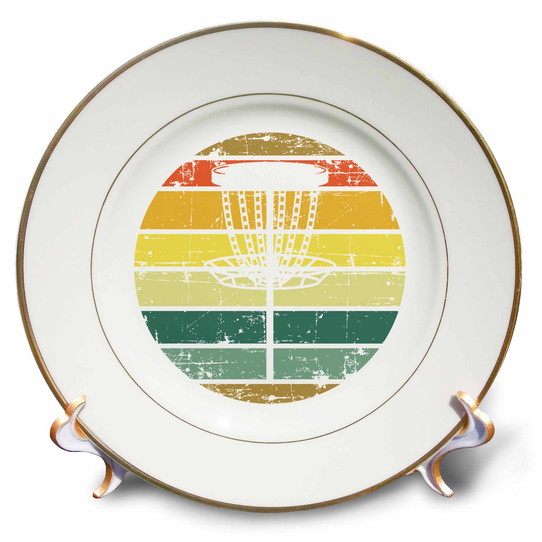 3dRose White disc Golf Basket Over Retro Striped Circle on White Background. - Plates (cp-382289)