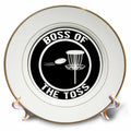 3dRose Boss of The Toss in a Circle with disc Golf Basket and disc on Black. - Plates (cp-382295)