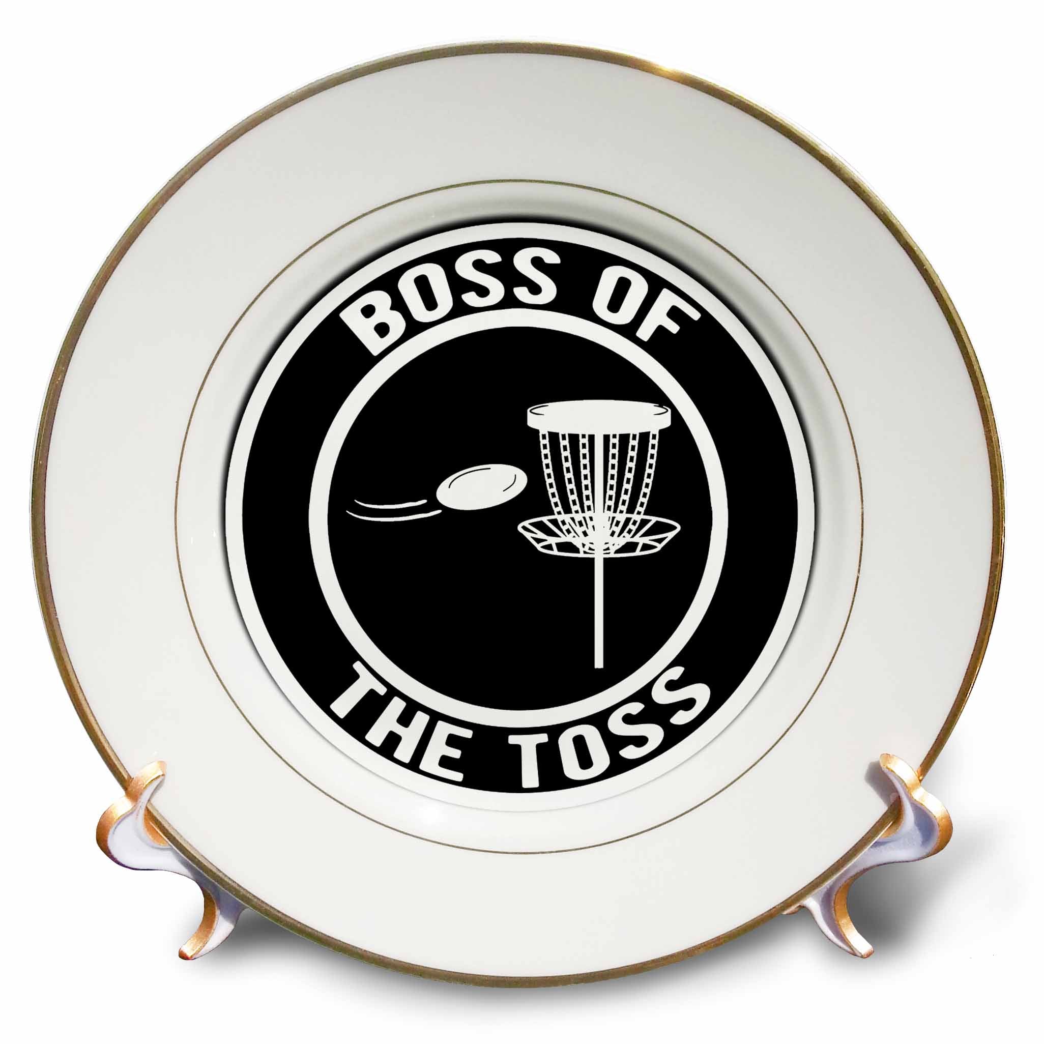 3dRose Boss of The Toss in a Circle with disc Golf Basket and disc on Black. - Plates (cp-382295)