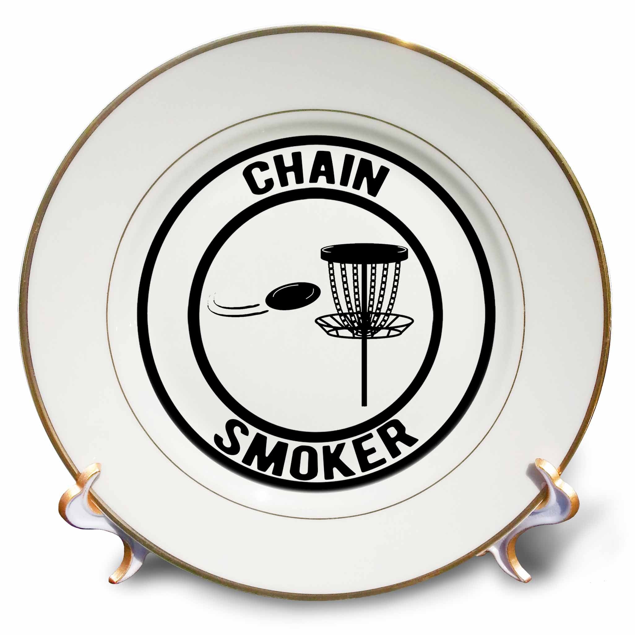 3dRose Chain Smoker in a Circle with disc Golf Basket and disc on White. - Plates (cp-382298)