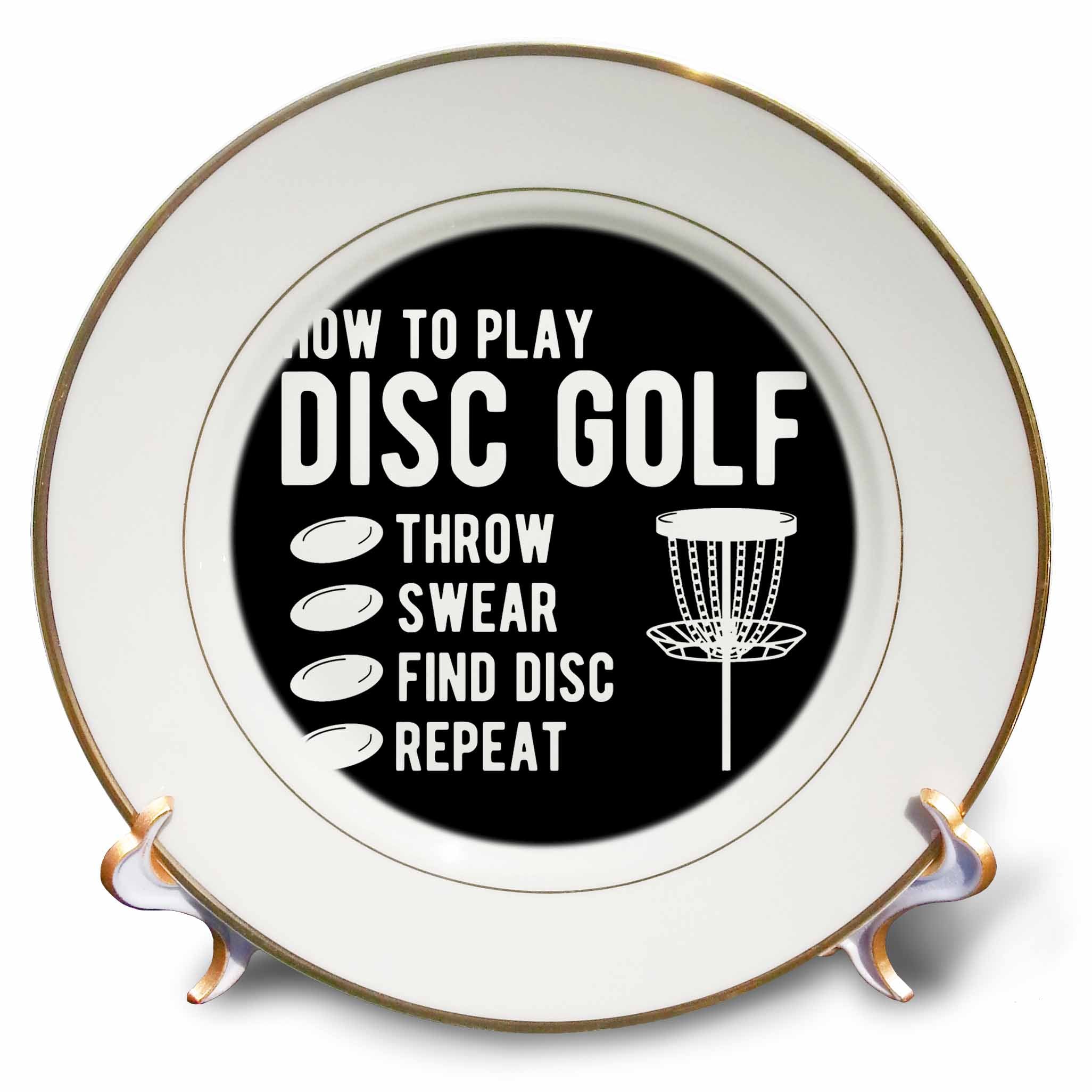 3dRose How to Play Disc Golf Throw Curse Find disc Repeat. White on Black. - Plates (cp-382303)