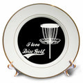 3dRose I Love Disc Golf with disc Golf Basket. White on Black Background. - Plates (cp-382305)