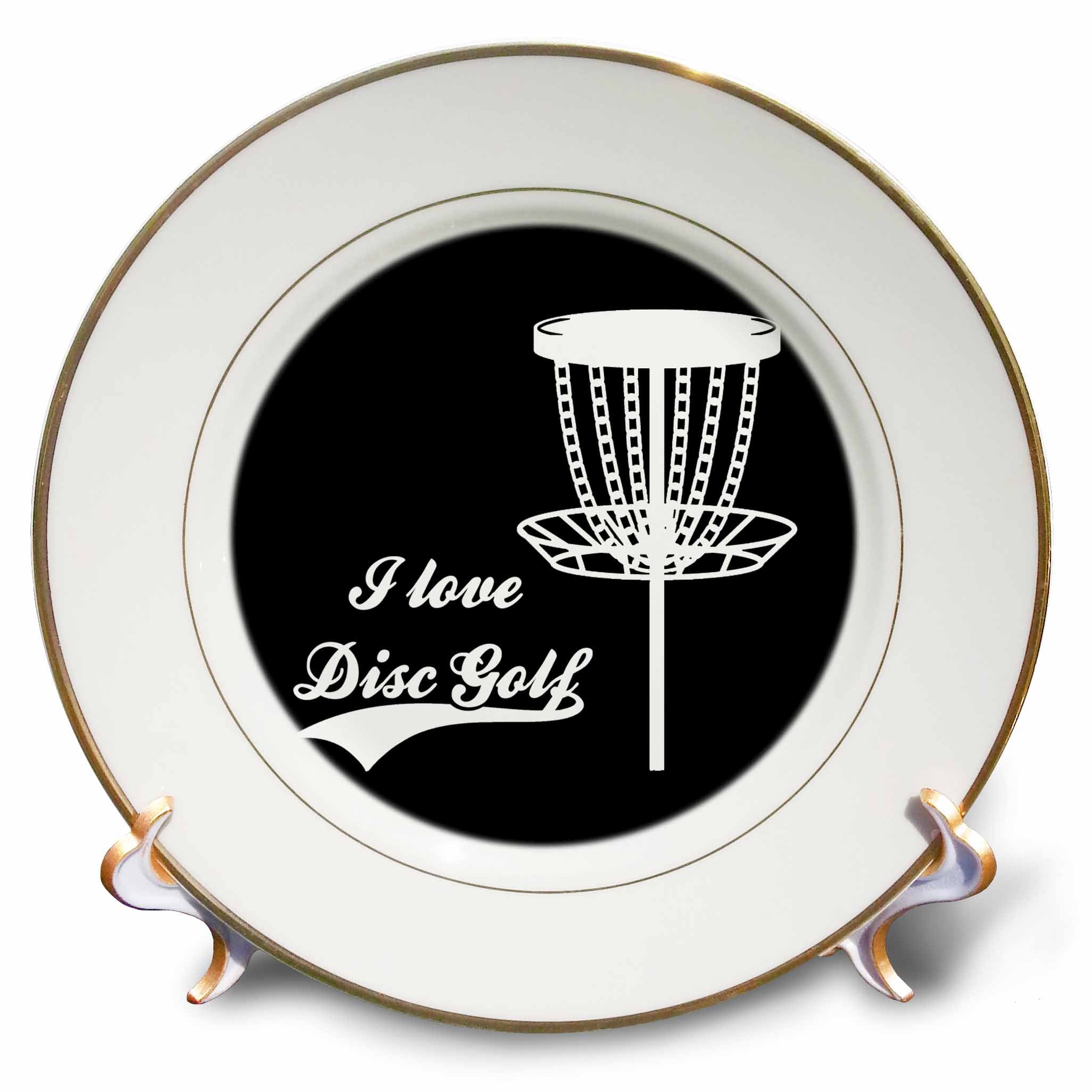 3dRose I Love Disc Golf with disc Golf Basket. White on Black Background. - Plates (cp-382305)