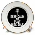 3dRose Keep Calm and Play Disc Golf with disc Golf Basket on Black Background - Plates (cp-382307)