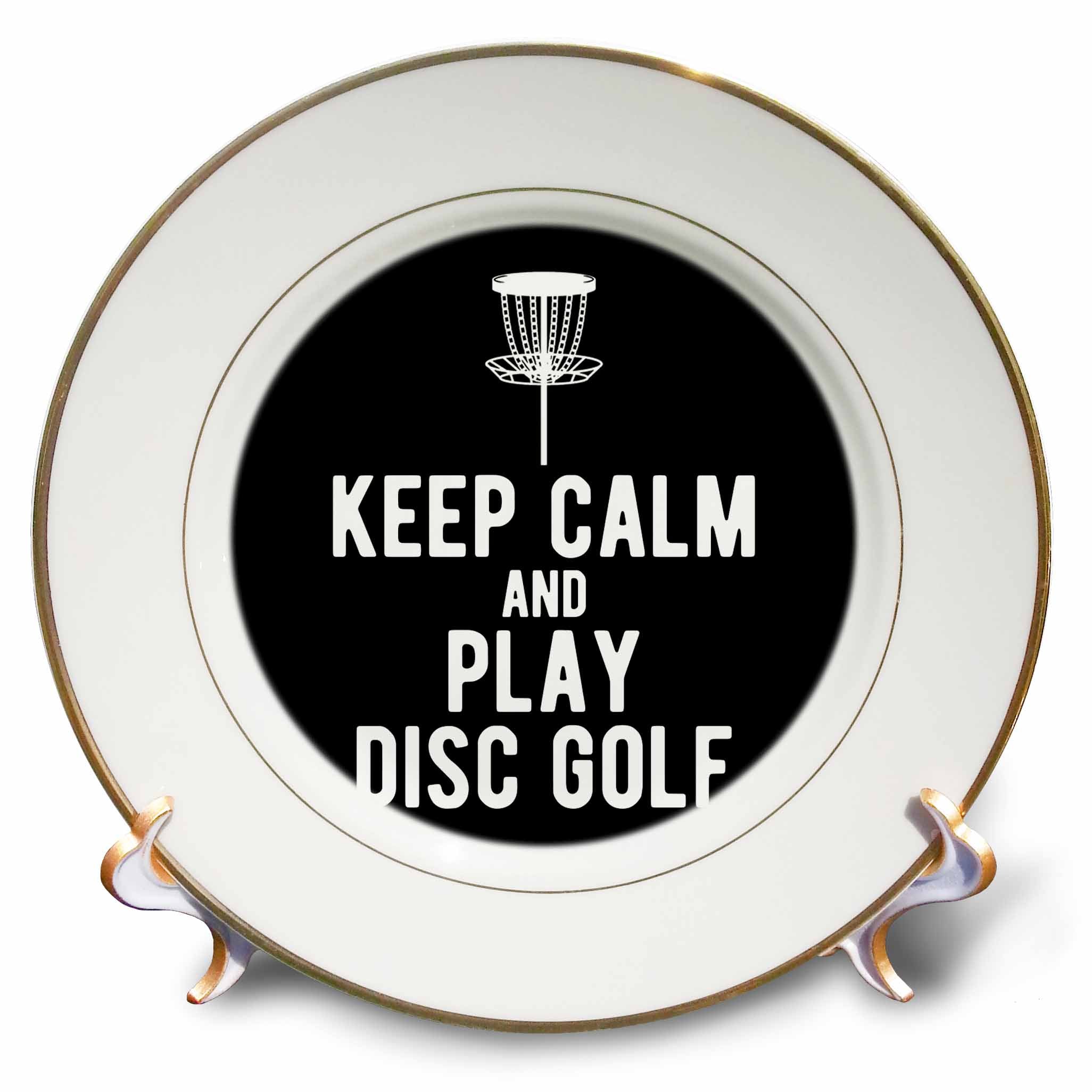 3dRose Keep Calm and Play Disc Golf with disc Golf Basket on Black Background - Plates (cp-382307)