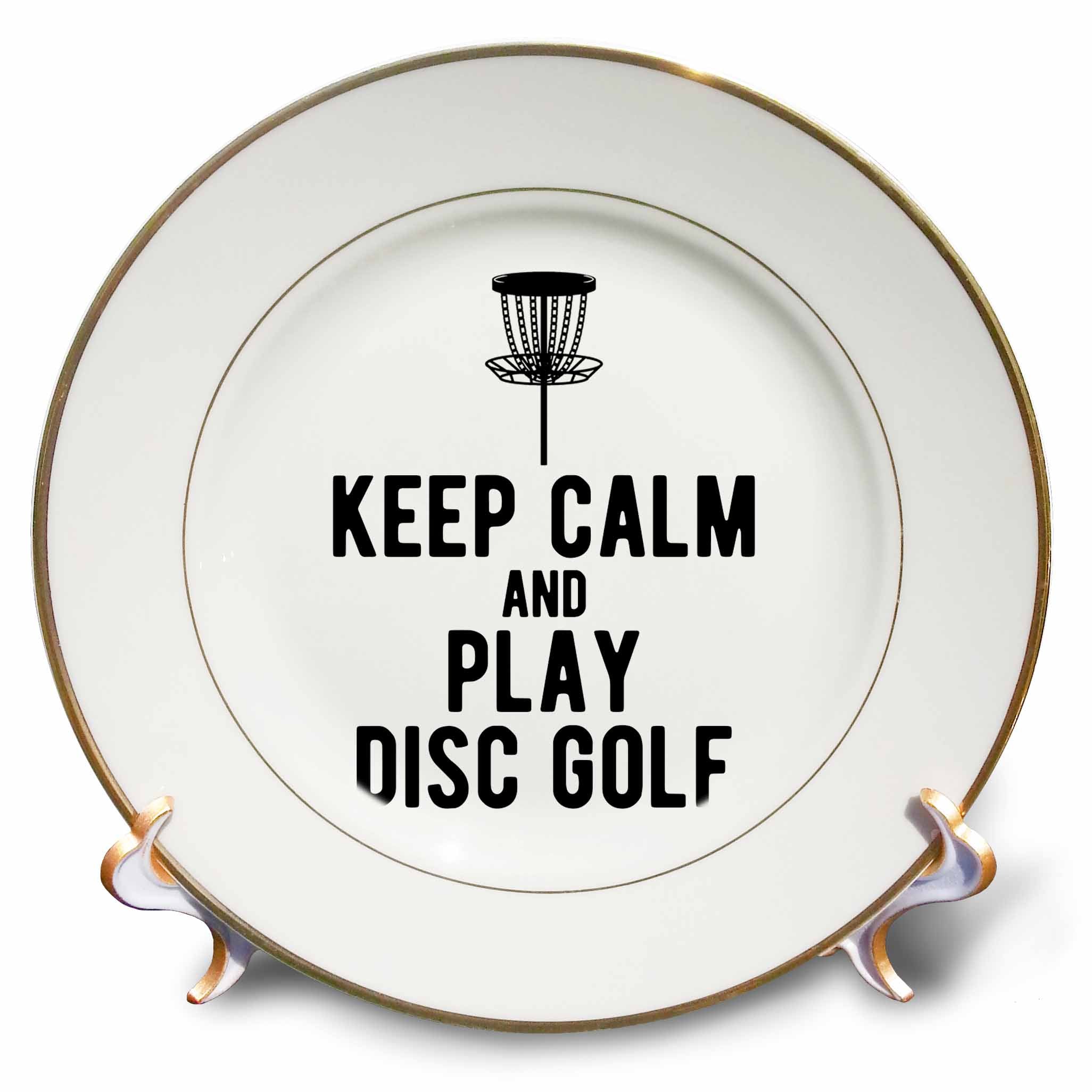 3dRose Keep Calm and Play Disc Golf with disc Golf Basket on White Background - Plates (cp-382308)