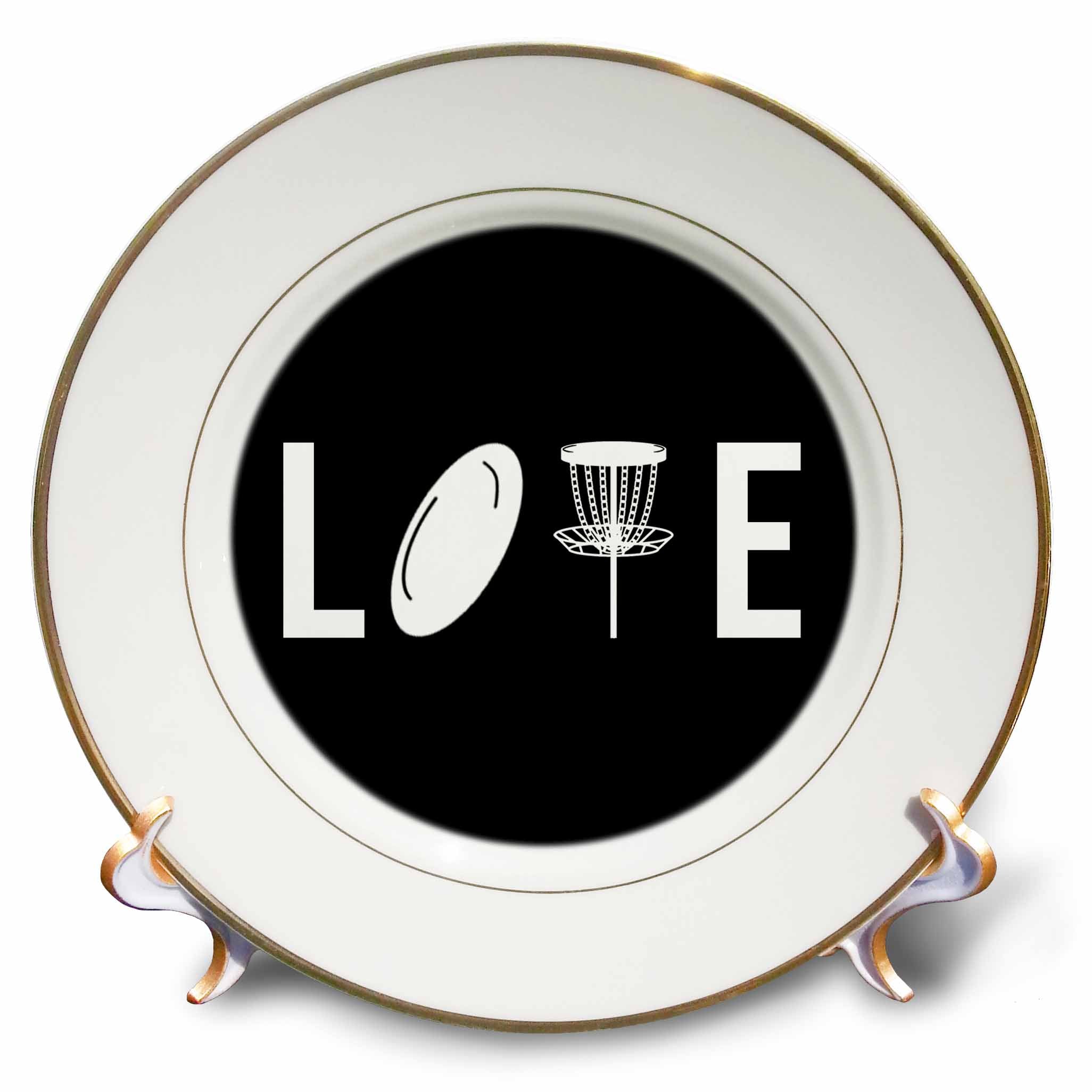 3dRose Love Spelled with disc Golf Clipart. White on Black Background. - Plates (cp-382309)
