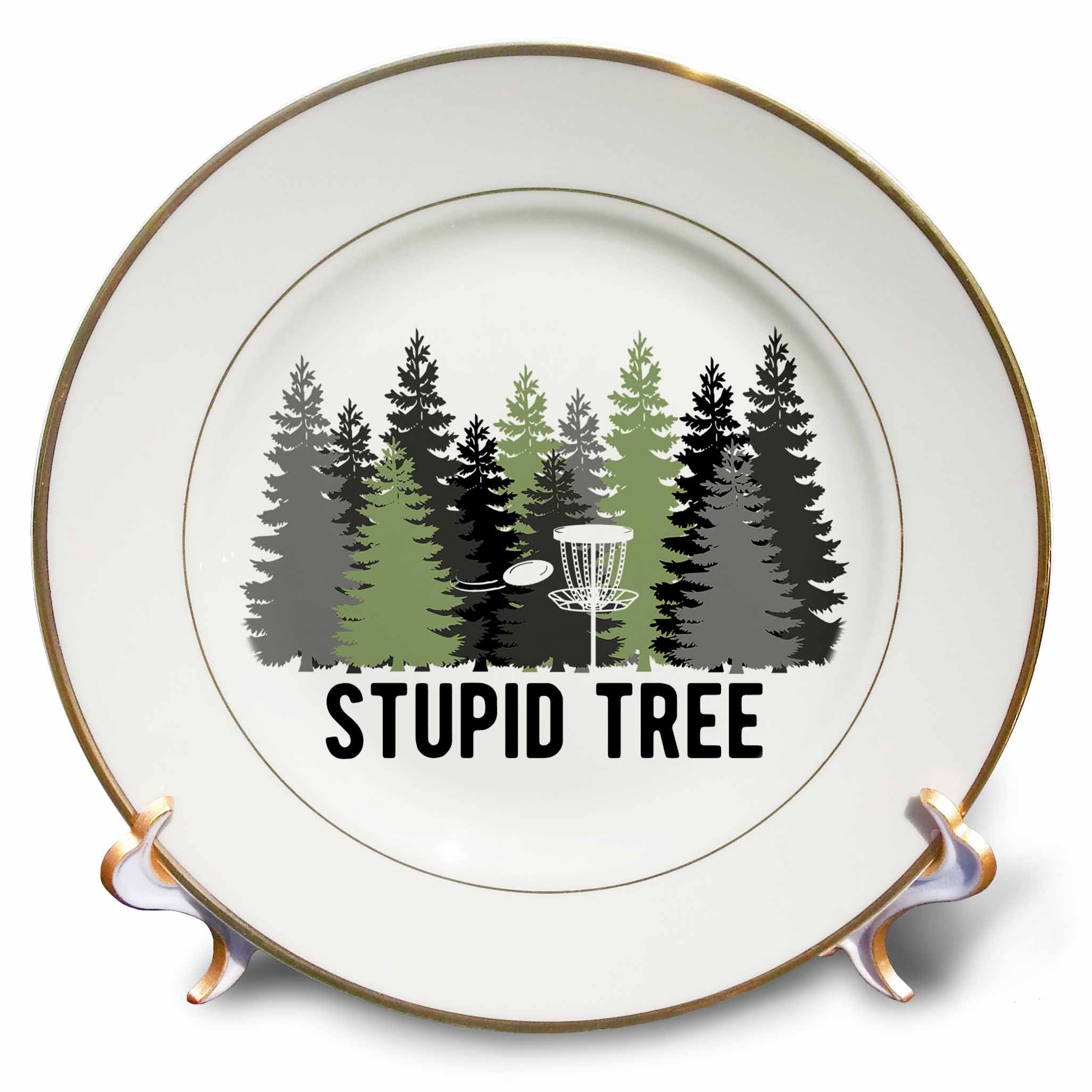 3dRose Stupid Tree with disc and Basket in a Row of Pines on White Background - Plates (cp-382312)