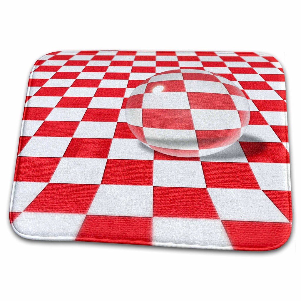 Dish Drying Mat - Picnic Games shows a large transparent glass marble print on checkered table cloth Designs Surreal