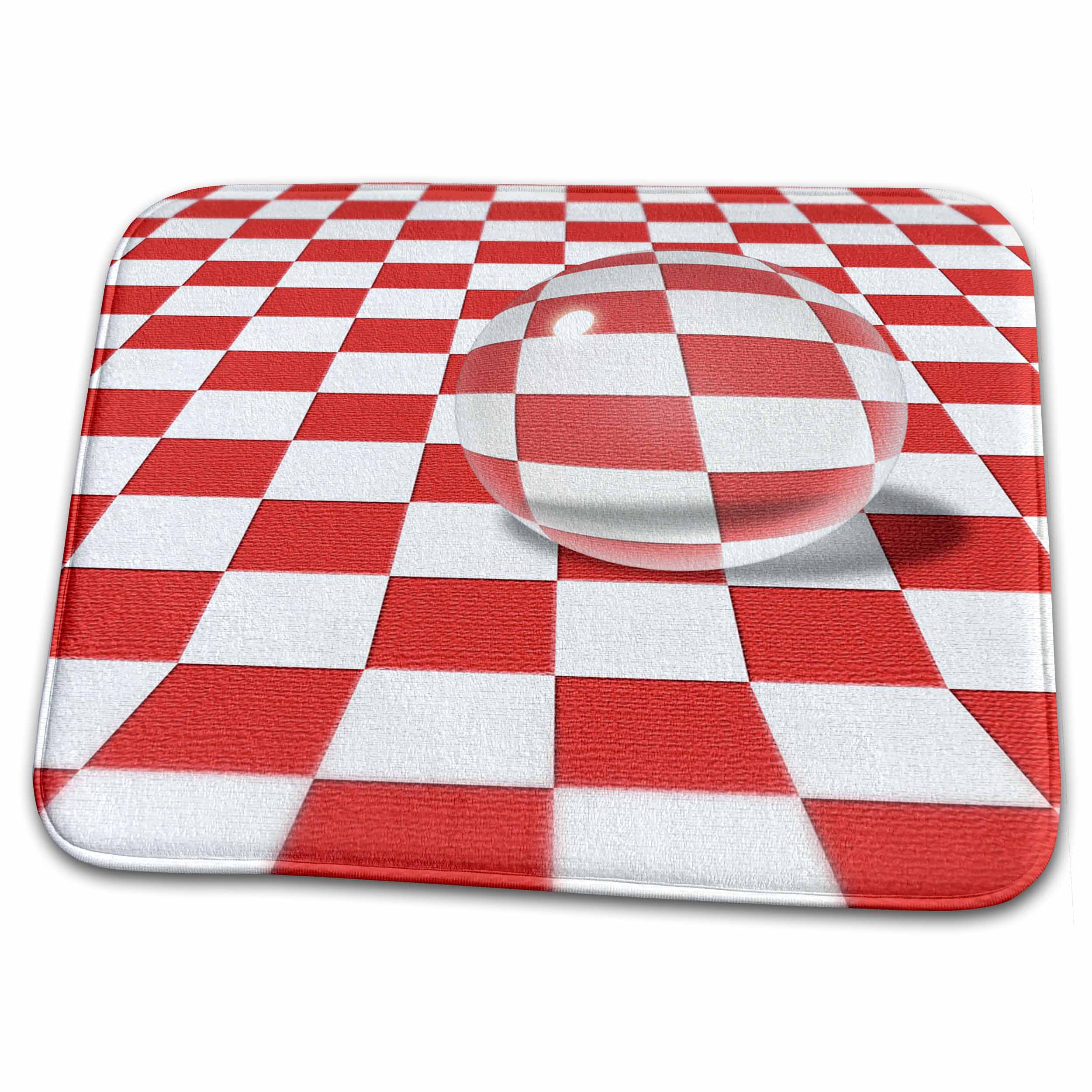 Dish Drying Mat - Picnic Games shows a large transparent glass marble print on checkered table cloth Designs Surreal