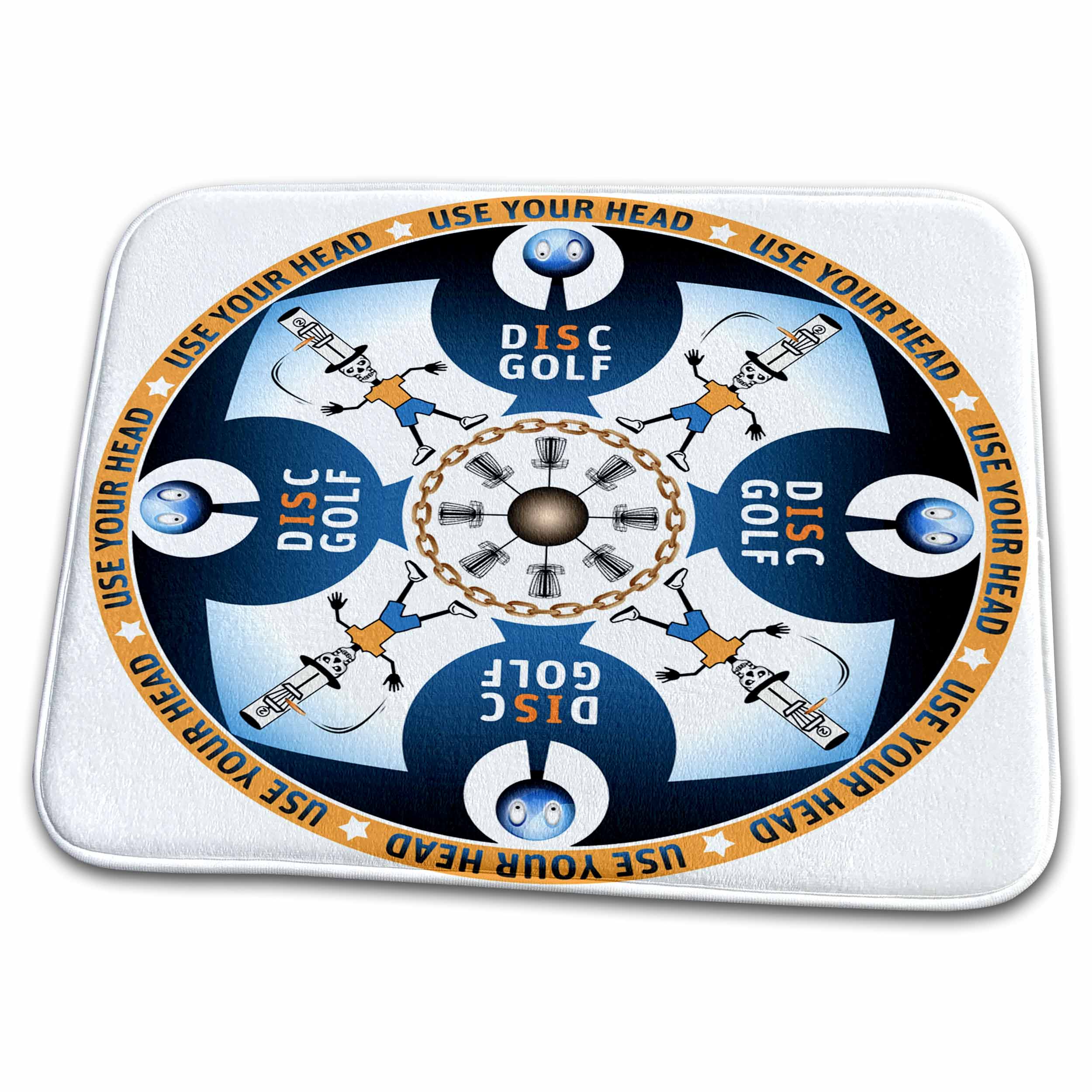 Dish Drying Mat - Use Your Head 1 skeleton disc golfer uses his hat as a basket to putt in to Designs Disc Golf