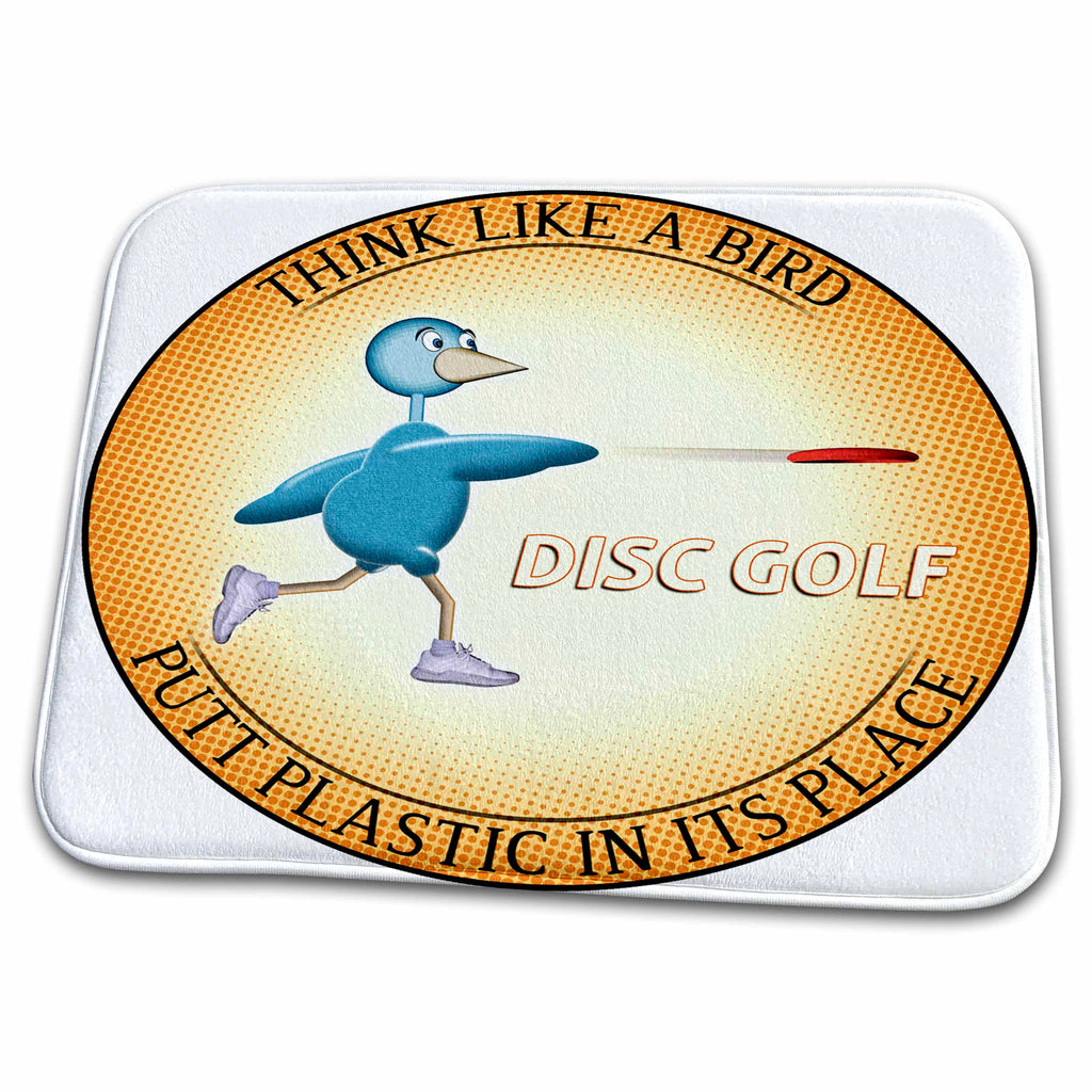 Dish Drying Mat - Think Like A Bird 2 shows a blue bird having fun playing frisbee disc golf Designs Disc Golf